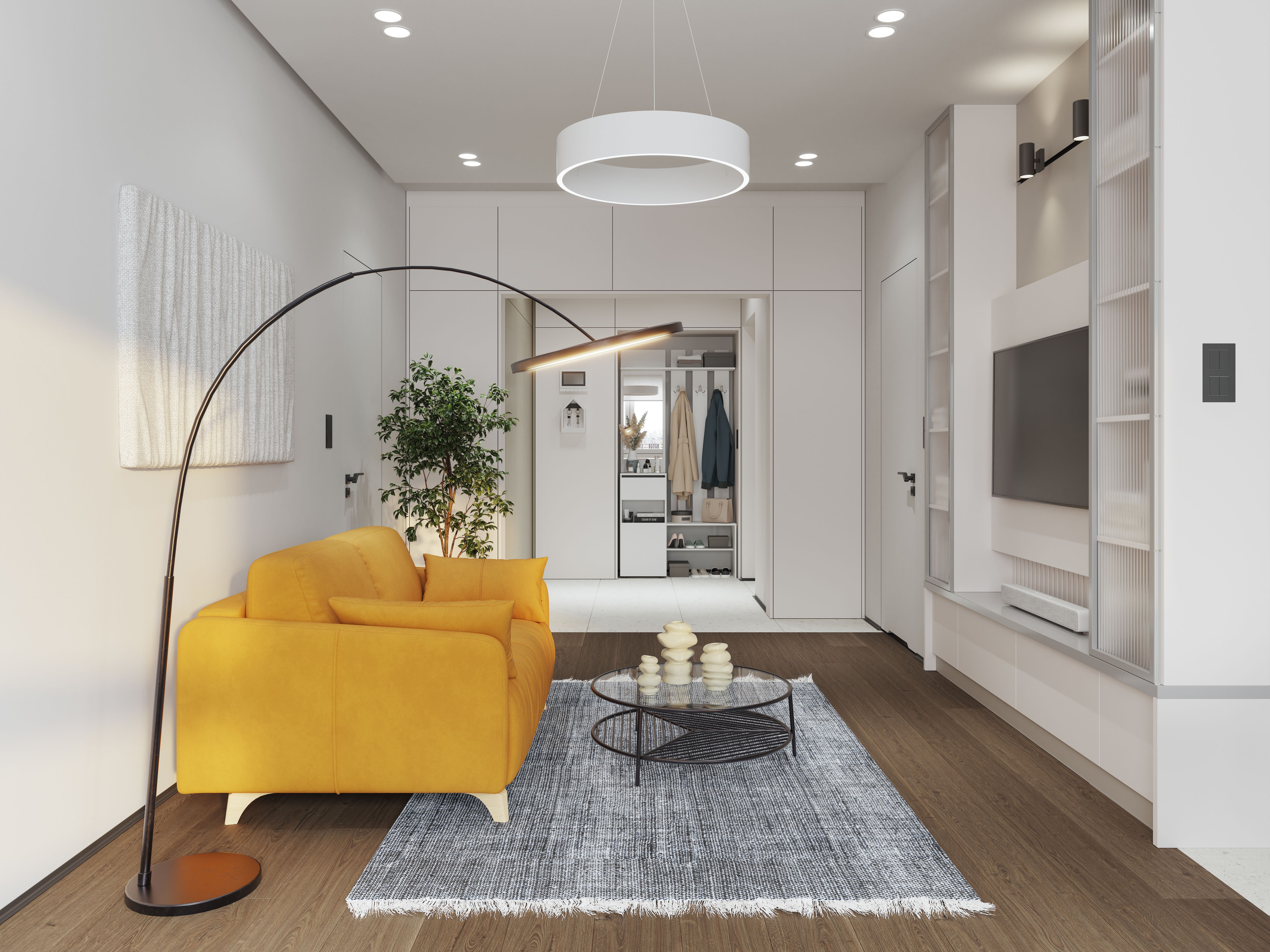 Modern Living Room With Side View Of Sofa, Floor Lamp, Television Set And The Front Door Entrance To House Modern Living Room With Side View Of Sofa, Floor Lamp, Television Set And The Front Door Entrance To House
