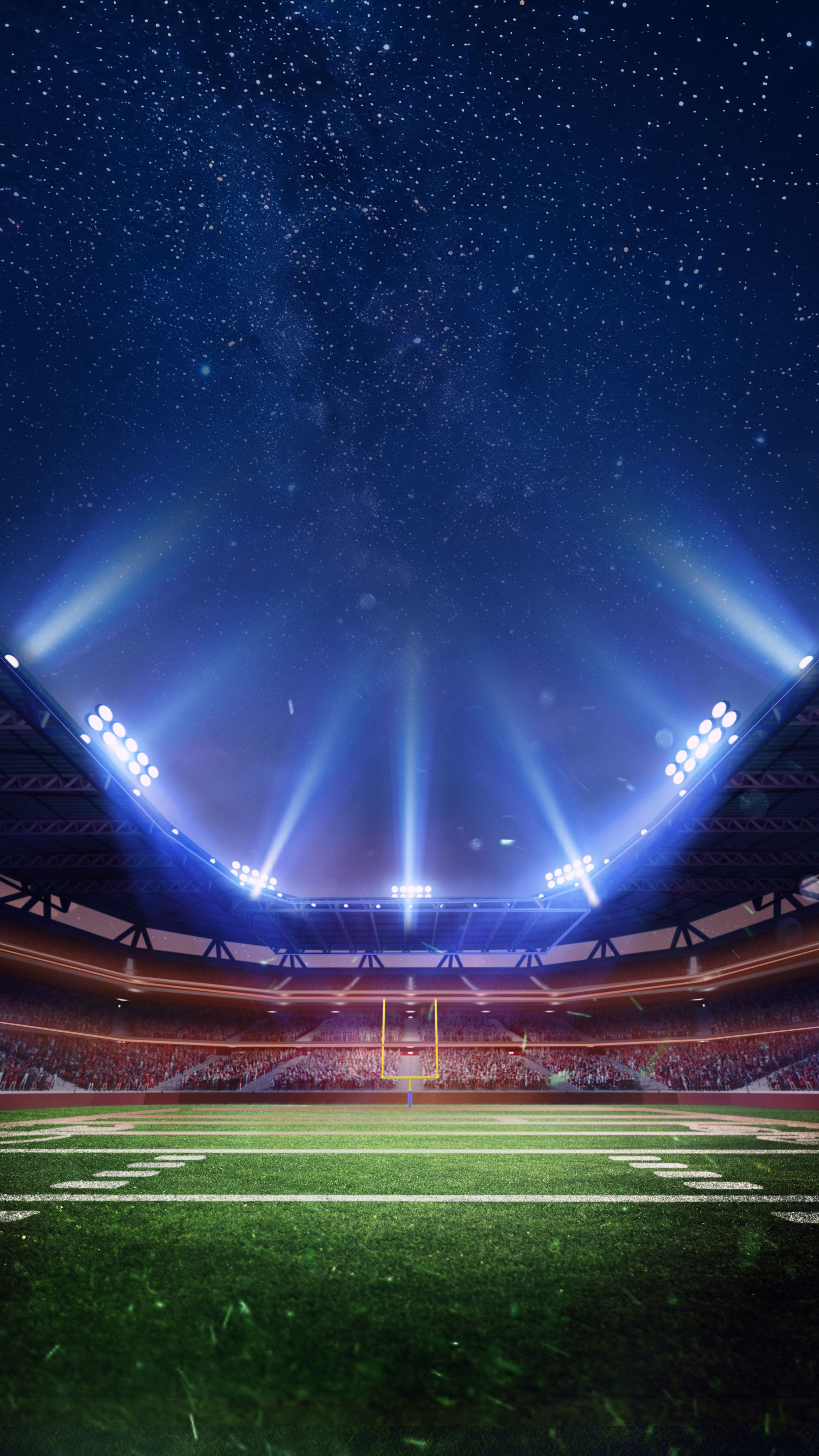 3D render of soccer empty stadium, open air arena with blurred tribune with fans and night sky above. Neon illumination. Vertical image