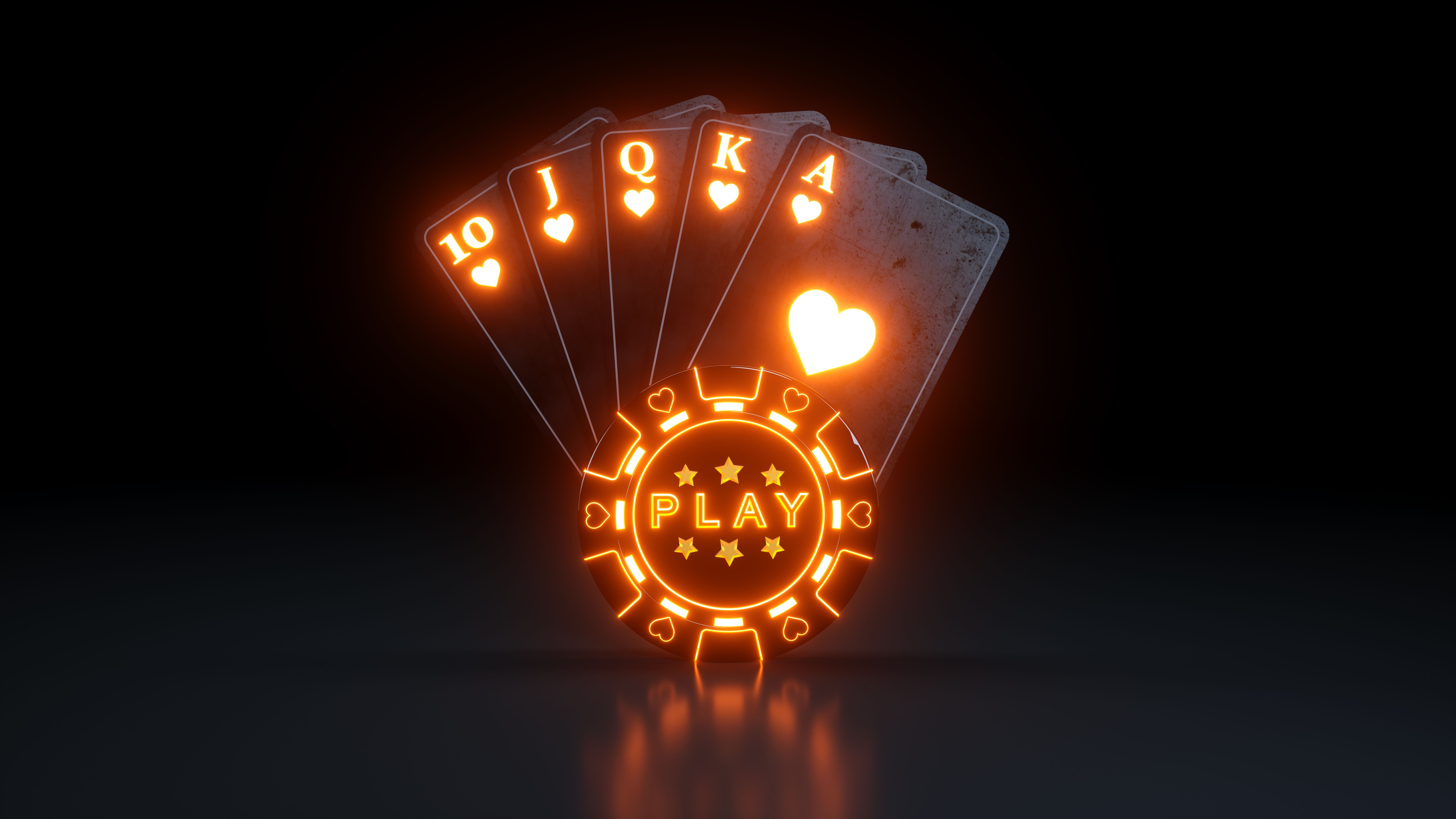 Casino Gambling Concept: Royal Flush in Hearts Poker Cards With Neon Lights Isolated On The Black Background. Casino Gambling Concept: Royal Flush in Hearts Poker Cards With Neon Lights Isolated On The Black Background.
