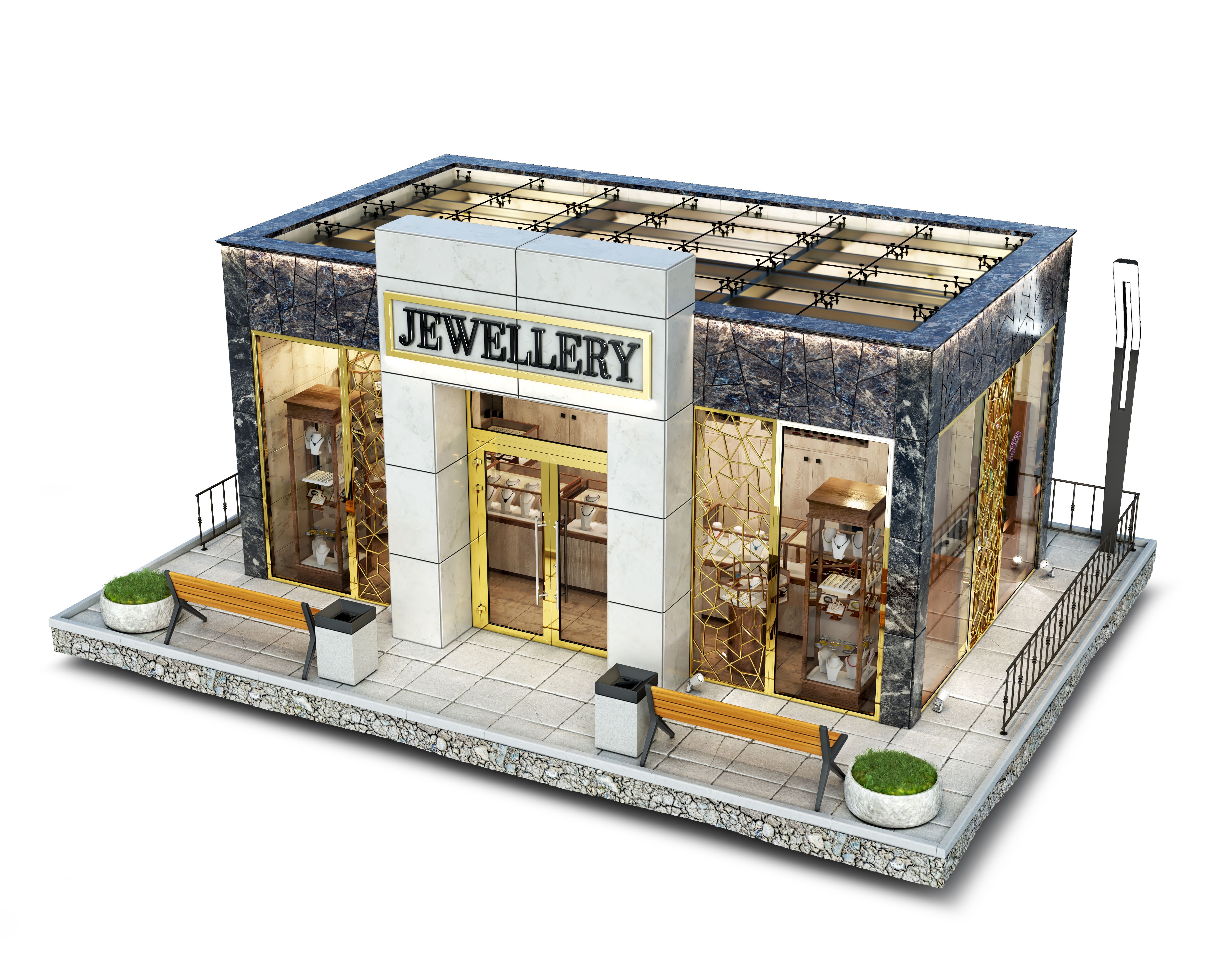 Modern luxury jewellery shop building on a piece of  ground, 3d illustration
