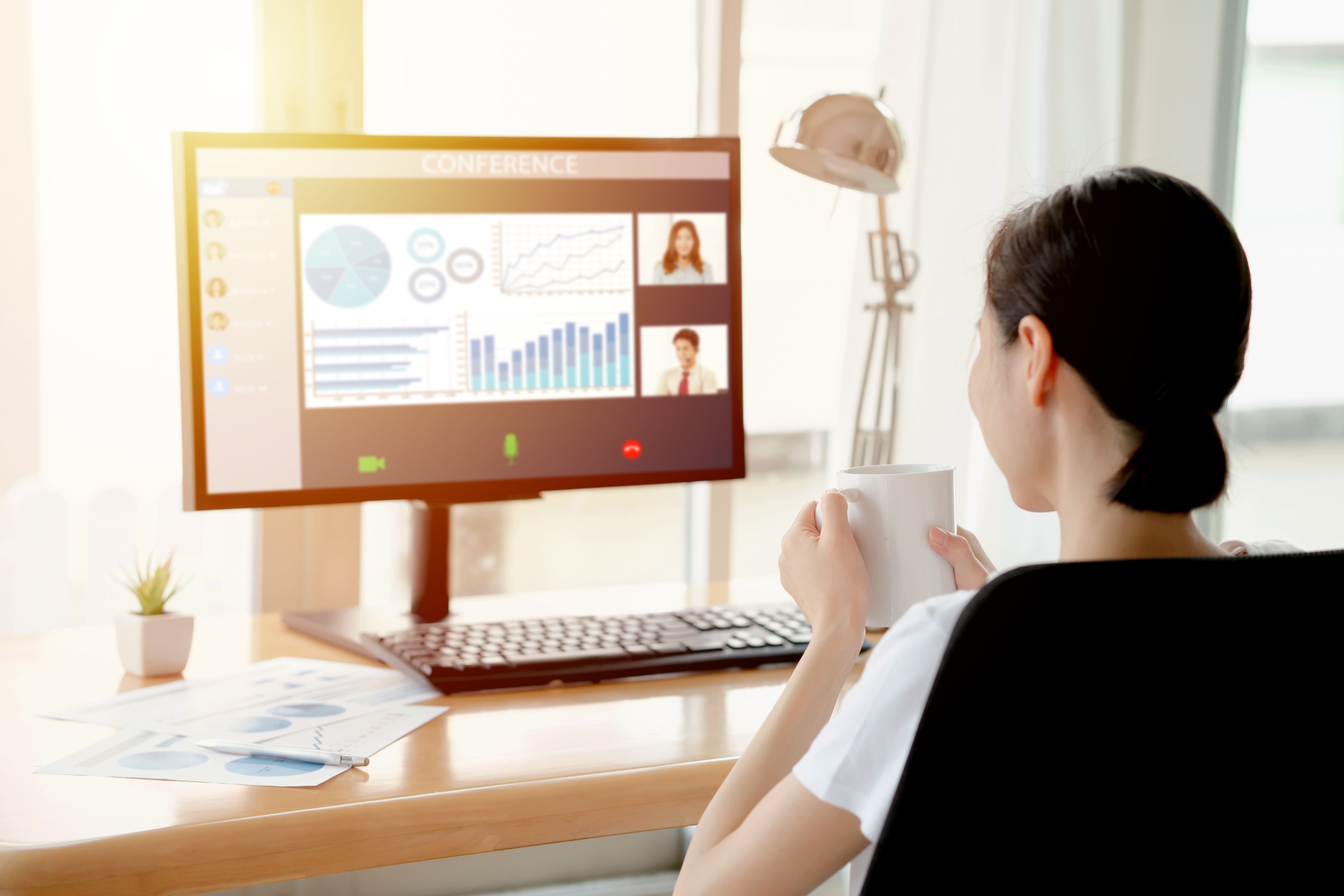 Rear View Of Businesswoman Video Conferencing Over Computer At Home Rear View Of Businesswoman Video Conferencing Over Computer At Home