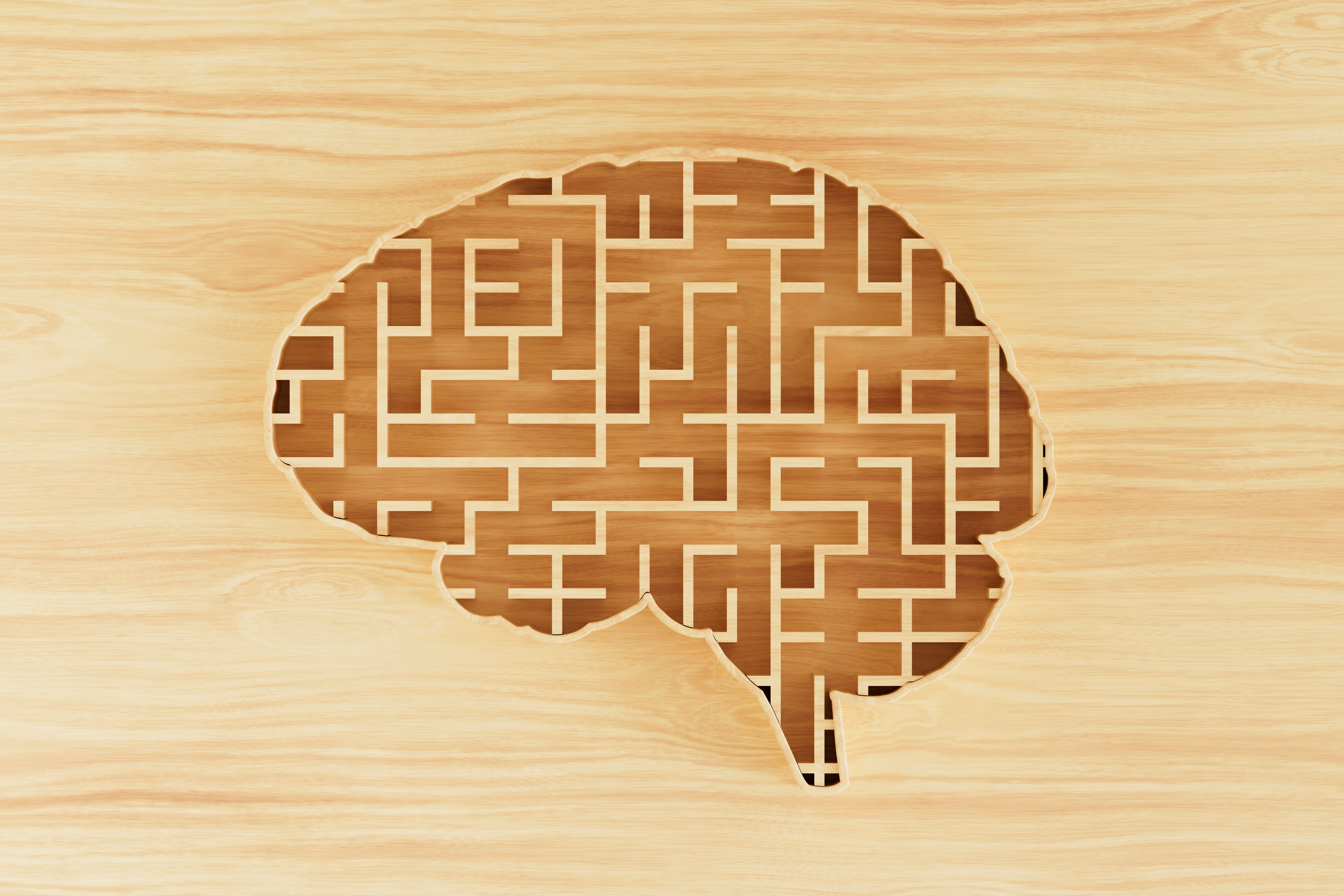 Mental health, wooden labyrinth in brain shape Mental health, wooden labyrinth in brain shape