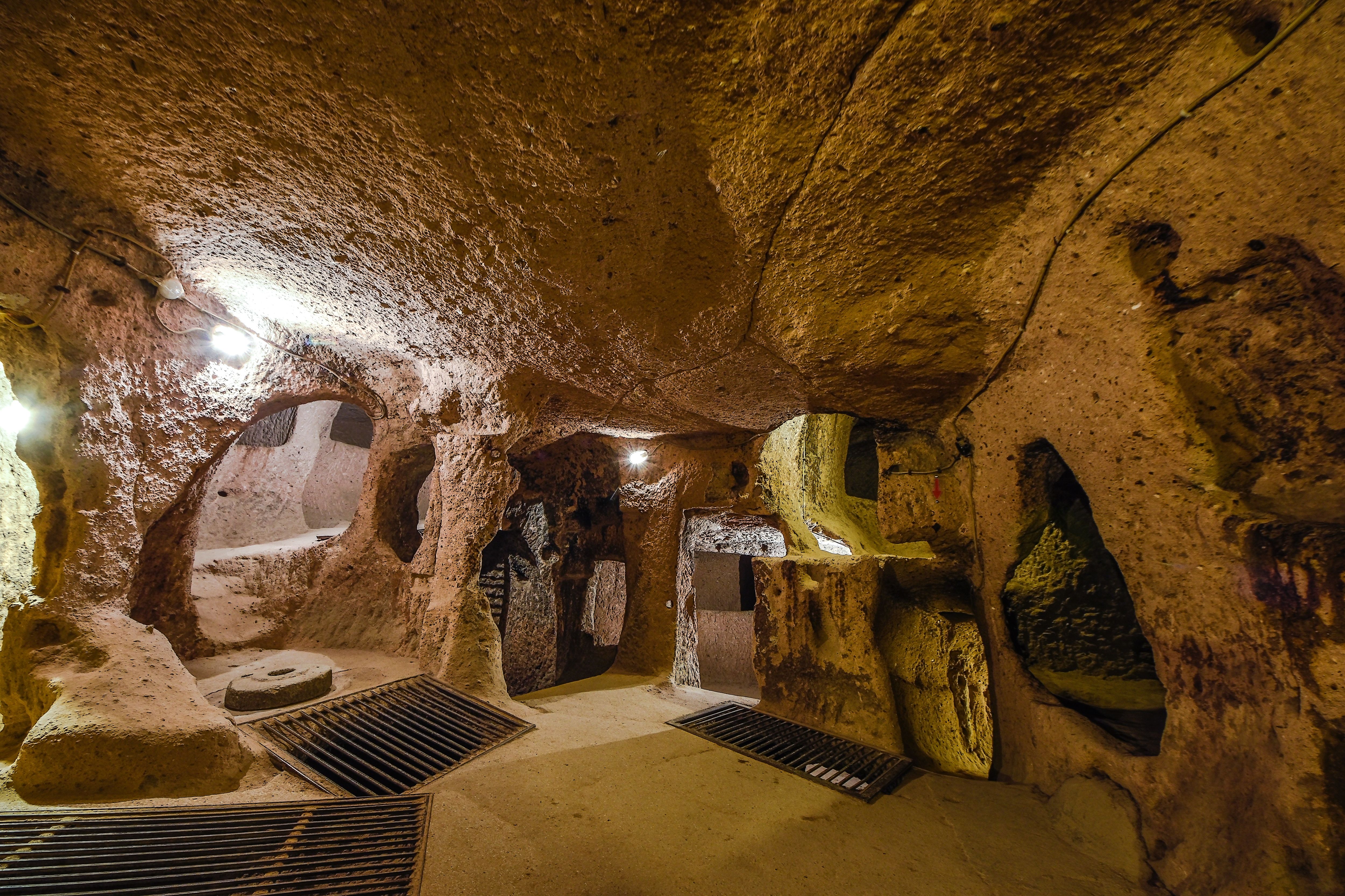 The Derinkuyu underground city is an ancient multi-level cave city in Cappadocia, Turkey.