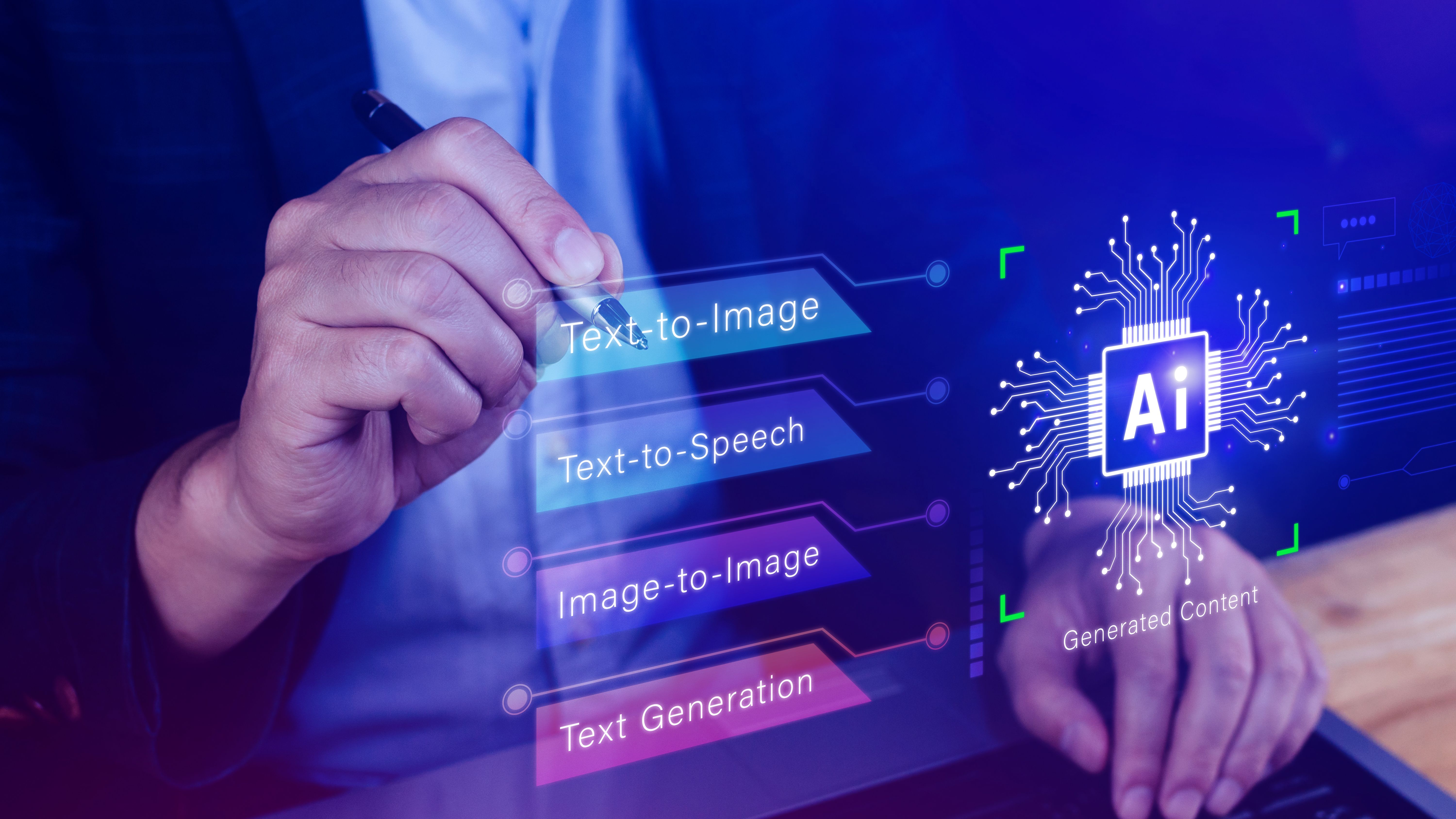 Ai tech, using virtual graphic Global Internet connect Chat A.I. Chat with AI, Artificial Intelligence to generate content, Text to image, speech, smart AI, using command prompt for generates something, Futuristic technology transformation.