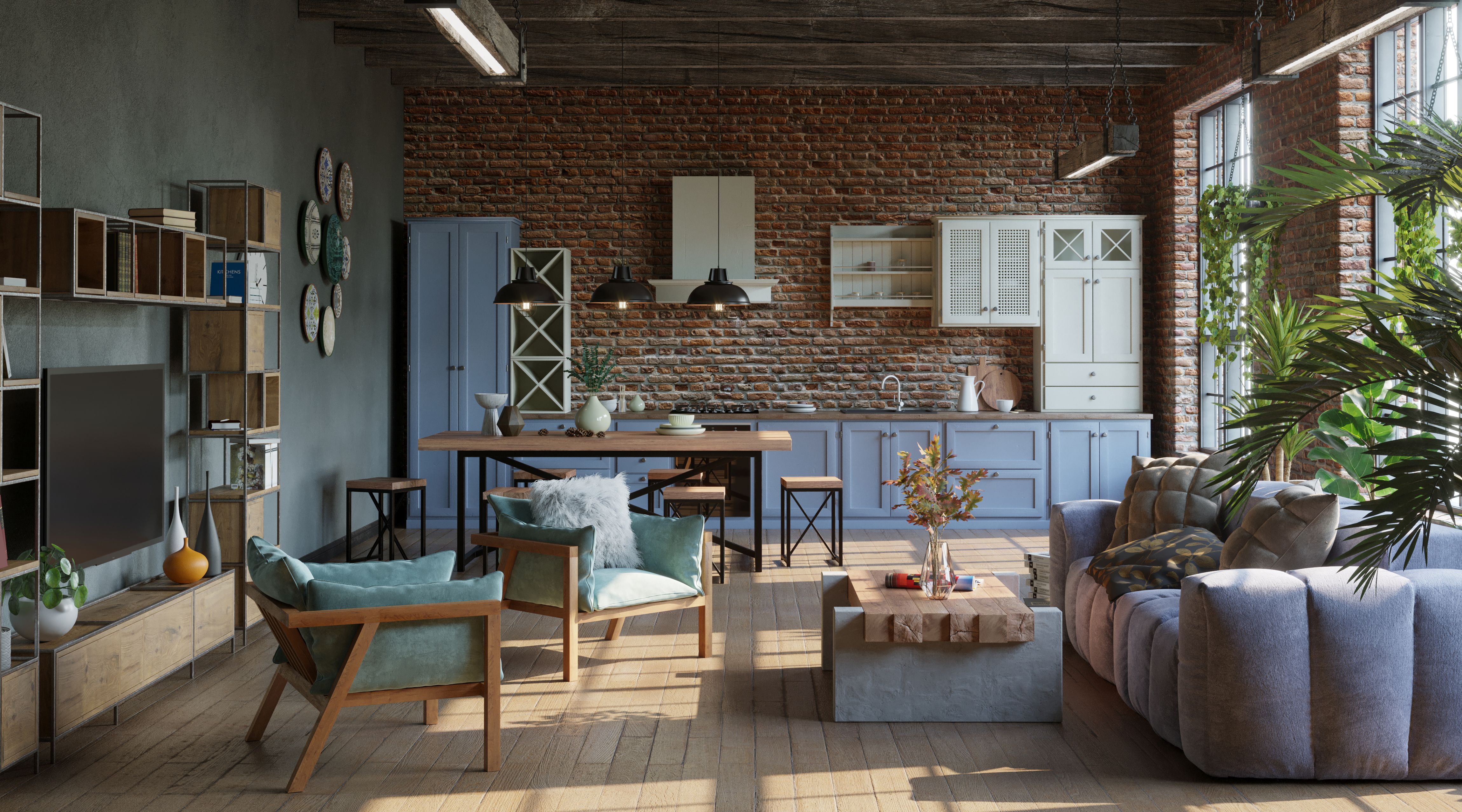 Open plan living room with kitchen, brick walls, industrial style, 3d render