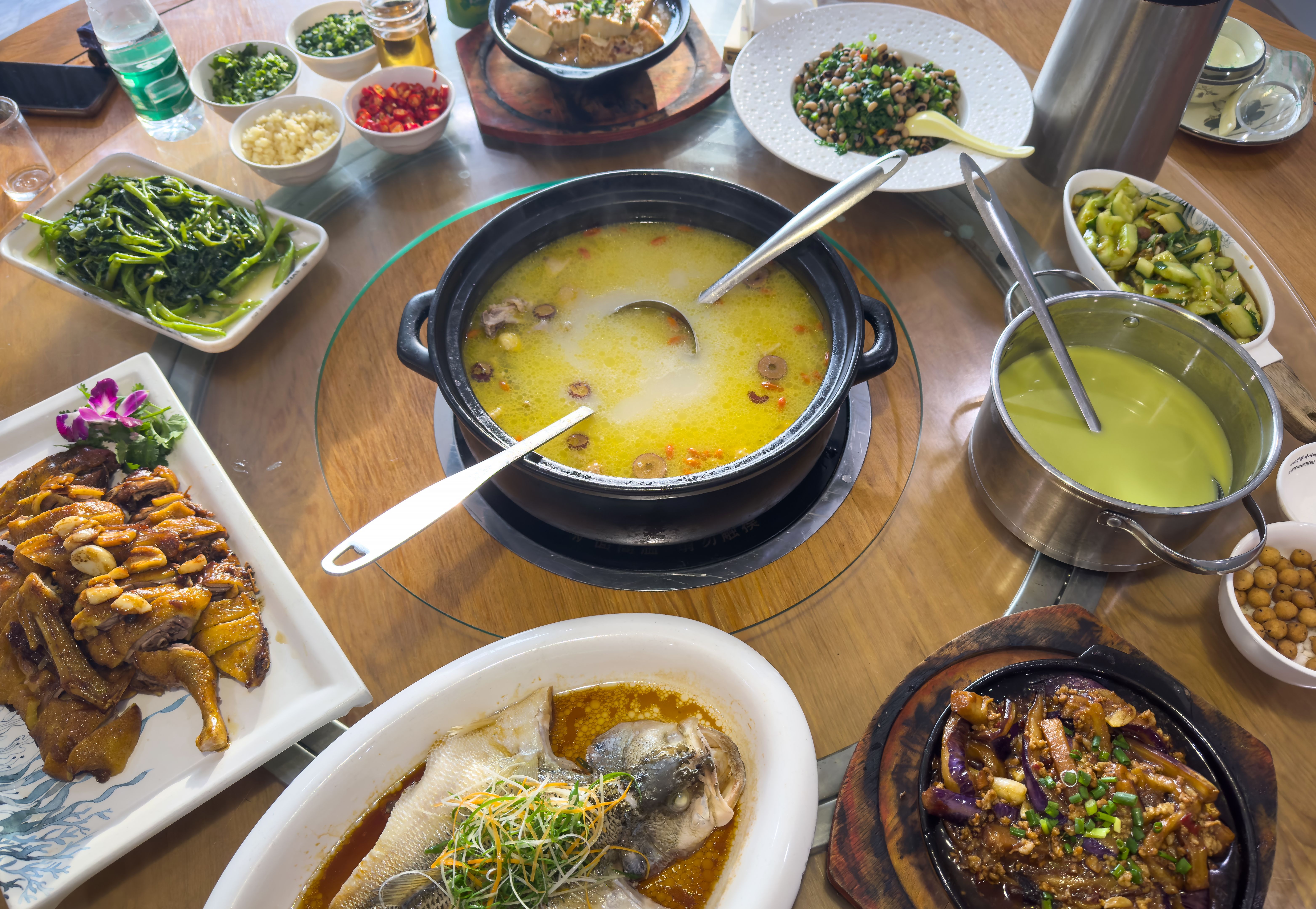 Delicious Chinese Cuisine Spread on a Wooden Table