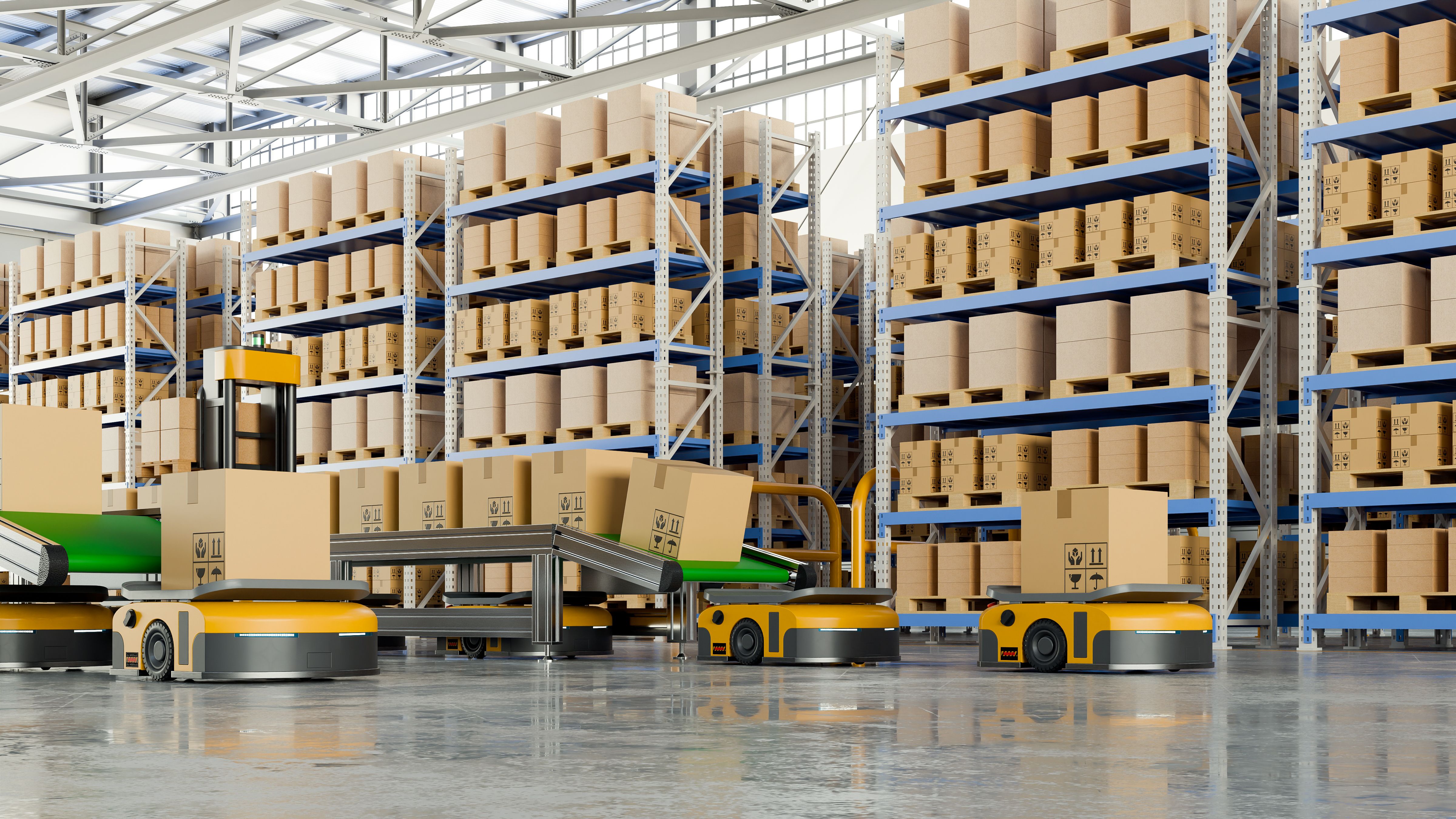 Automated distribution center with AGV robots and conveyor belts moving packages, representing modern supply chain management and global shipping- 3D rendering