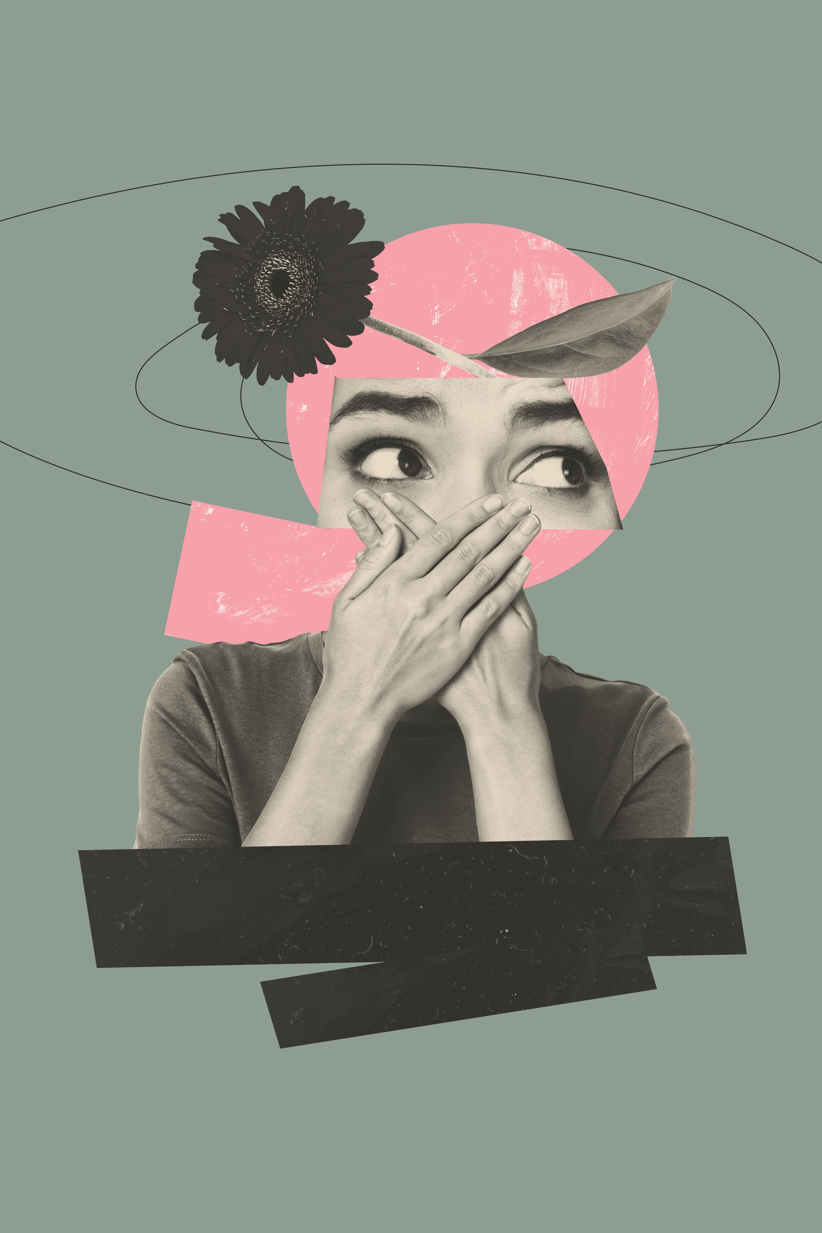 Sketch design trend artwork poster 3D photo collage of fragment face eyes watch hand hold cross mute flower mental therapy problem stress