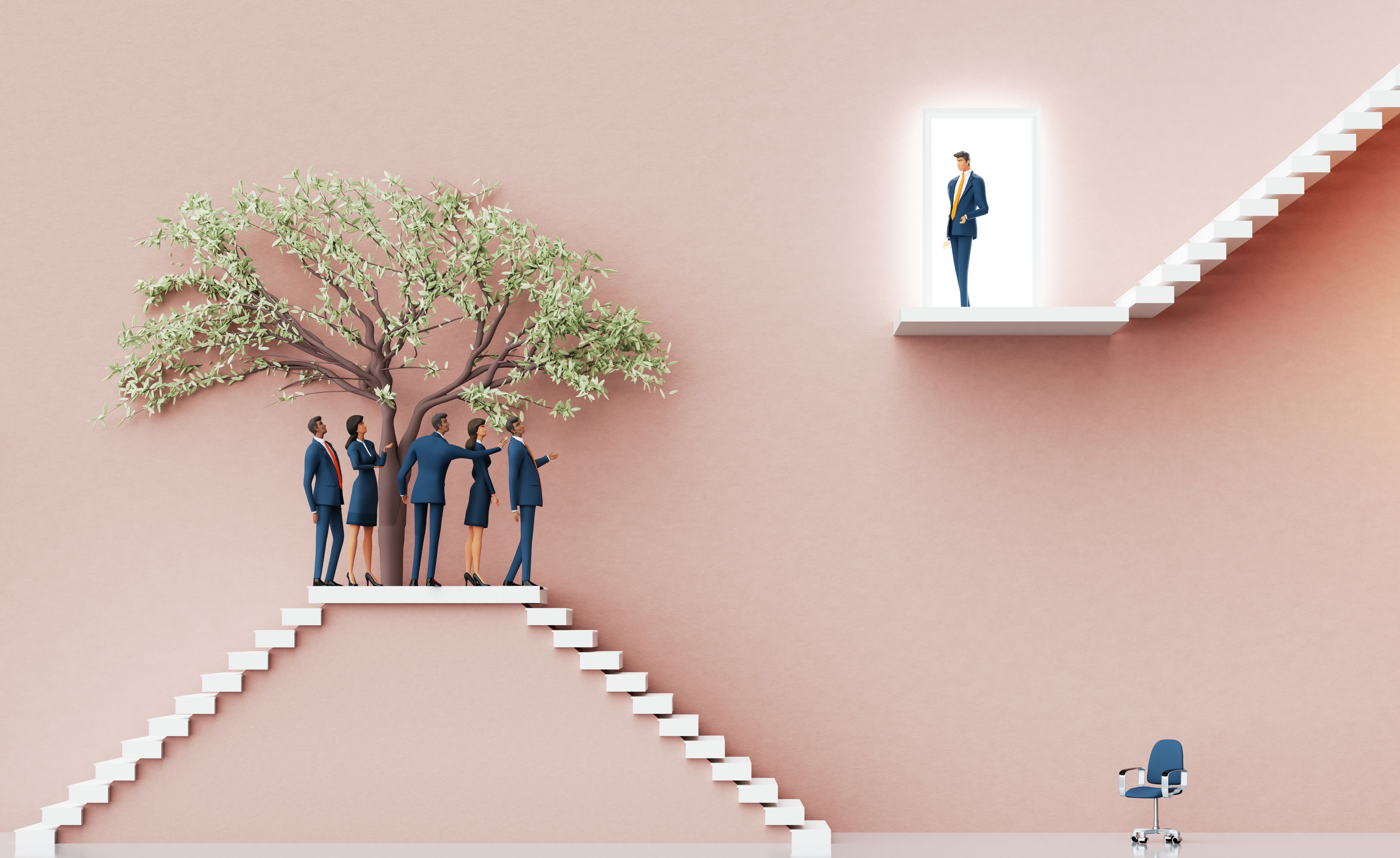 Businessman people, team professional people looking for advice, support and knowledge. Abstract environment with stairs representing the way to success. 3d Rendering