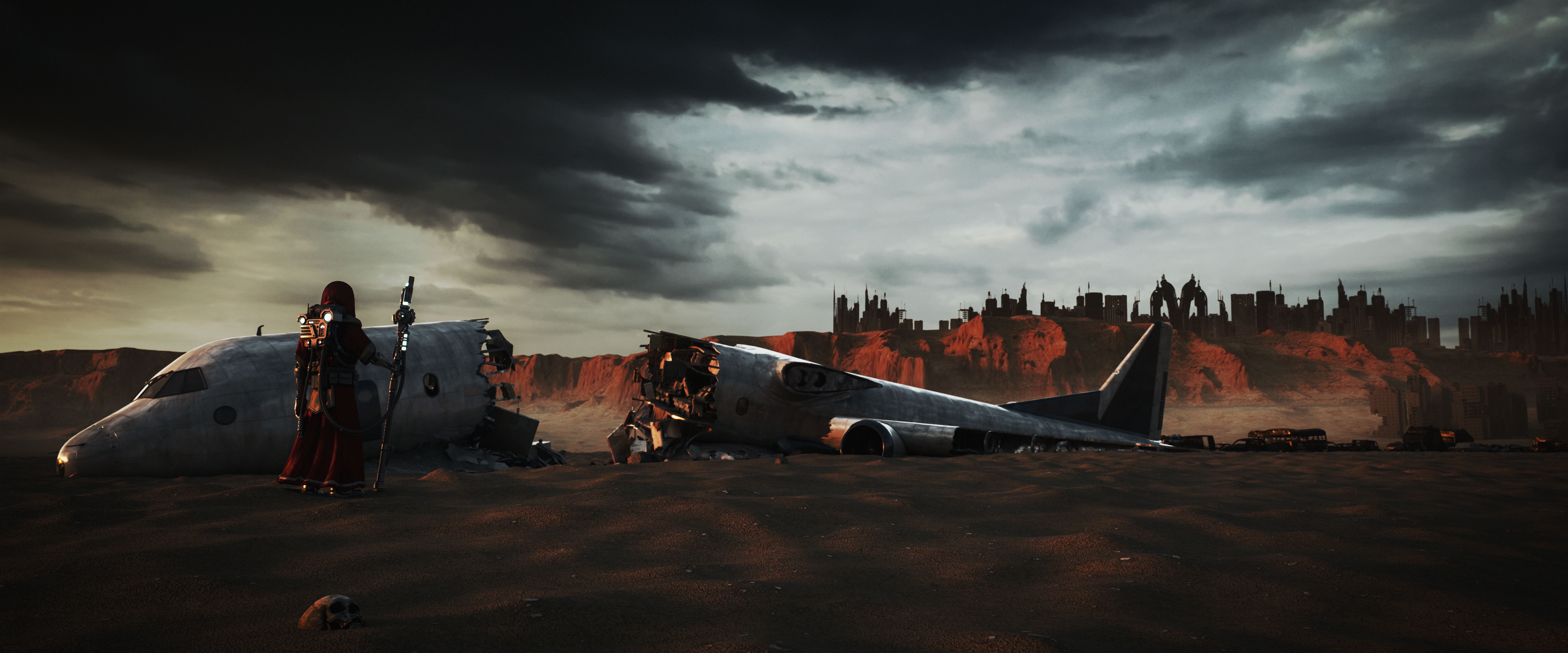 Post-Apocalyptic Desert Scene with Airplane Wreckage and Distant City Ruins