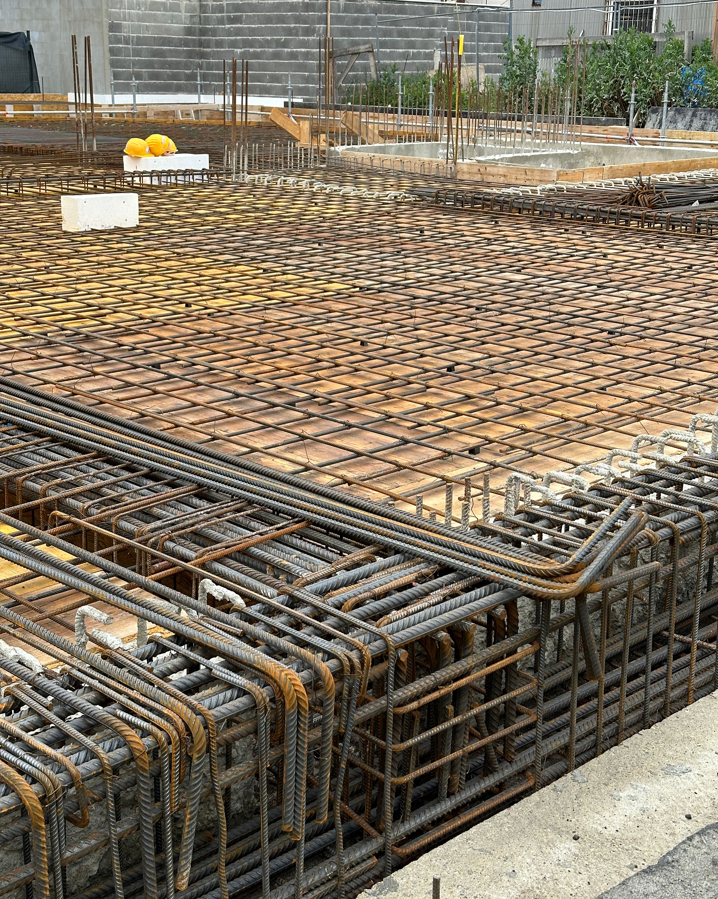 Metal construction material at the foundation of a new building