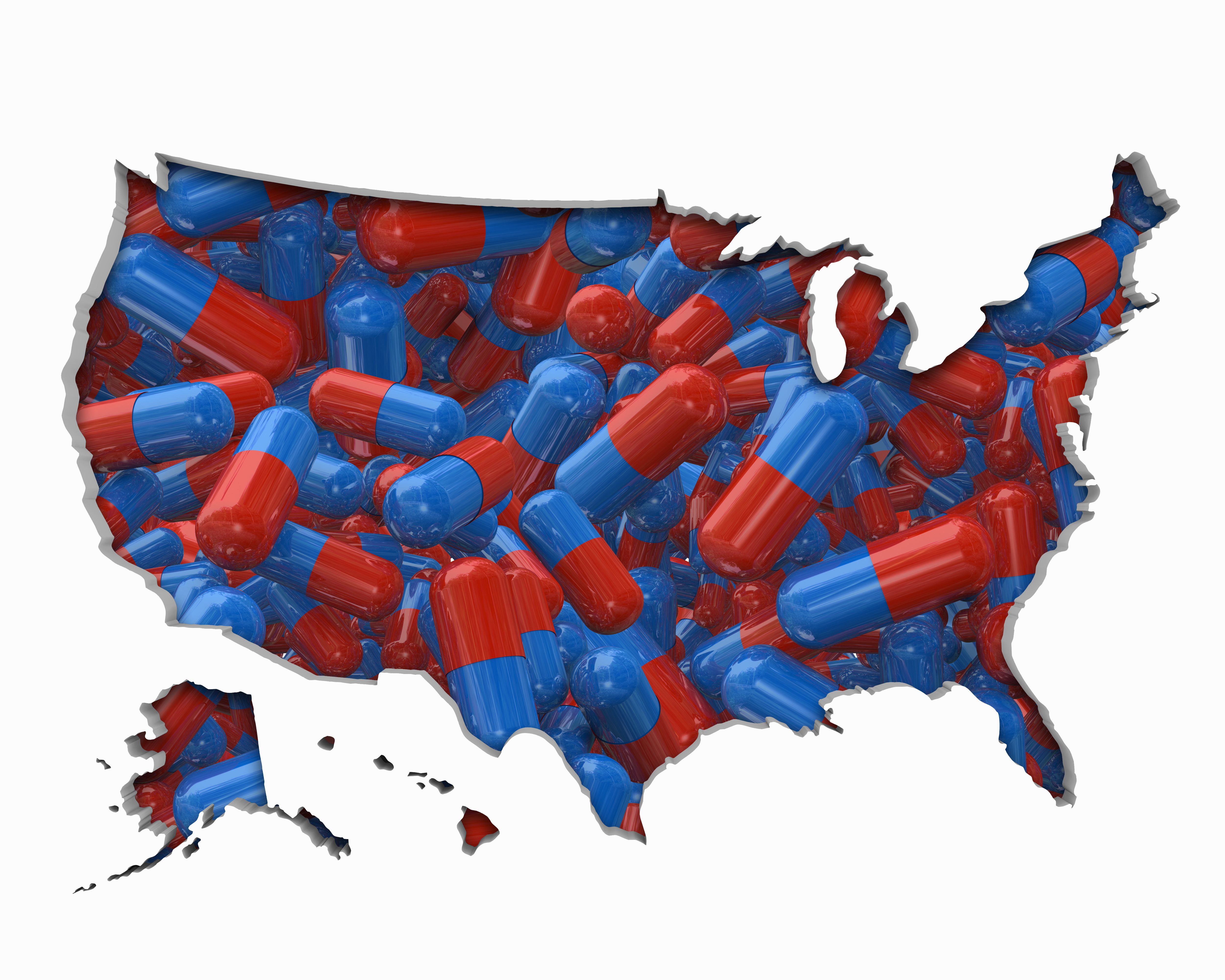 United States of America USA Pills Drugs Health Care Insurance Map 3d Illustration