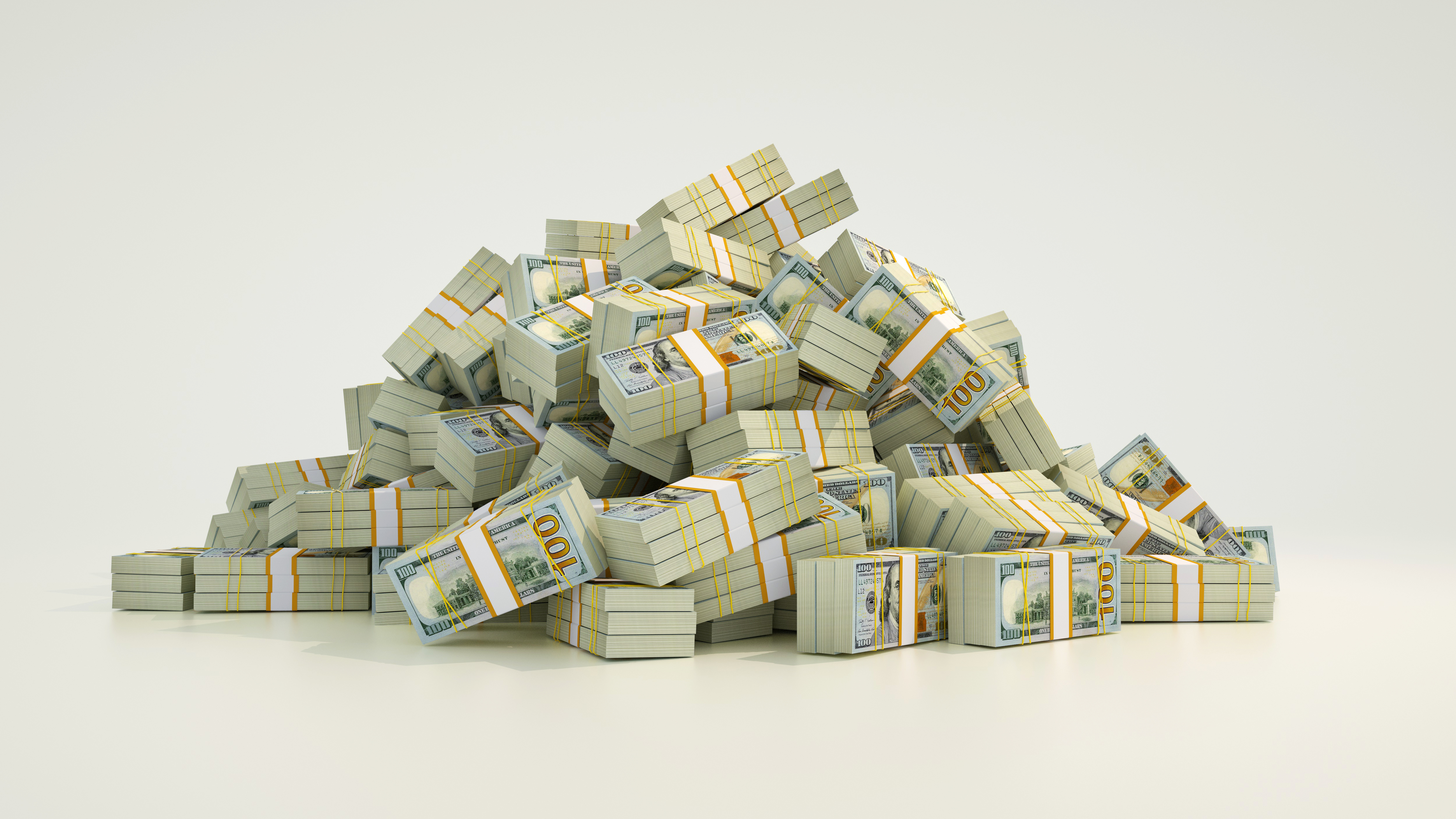 Big pile of bundles of 100 US dollar notes. 3d rendering of stacks of cash