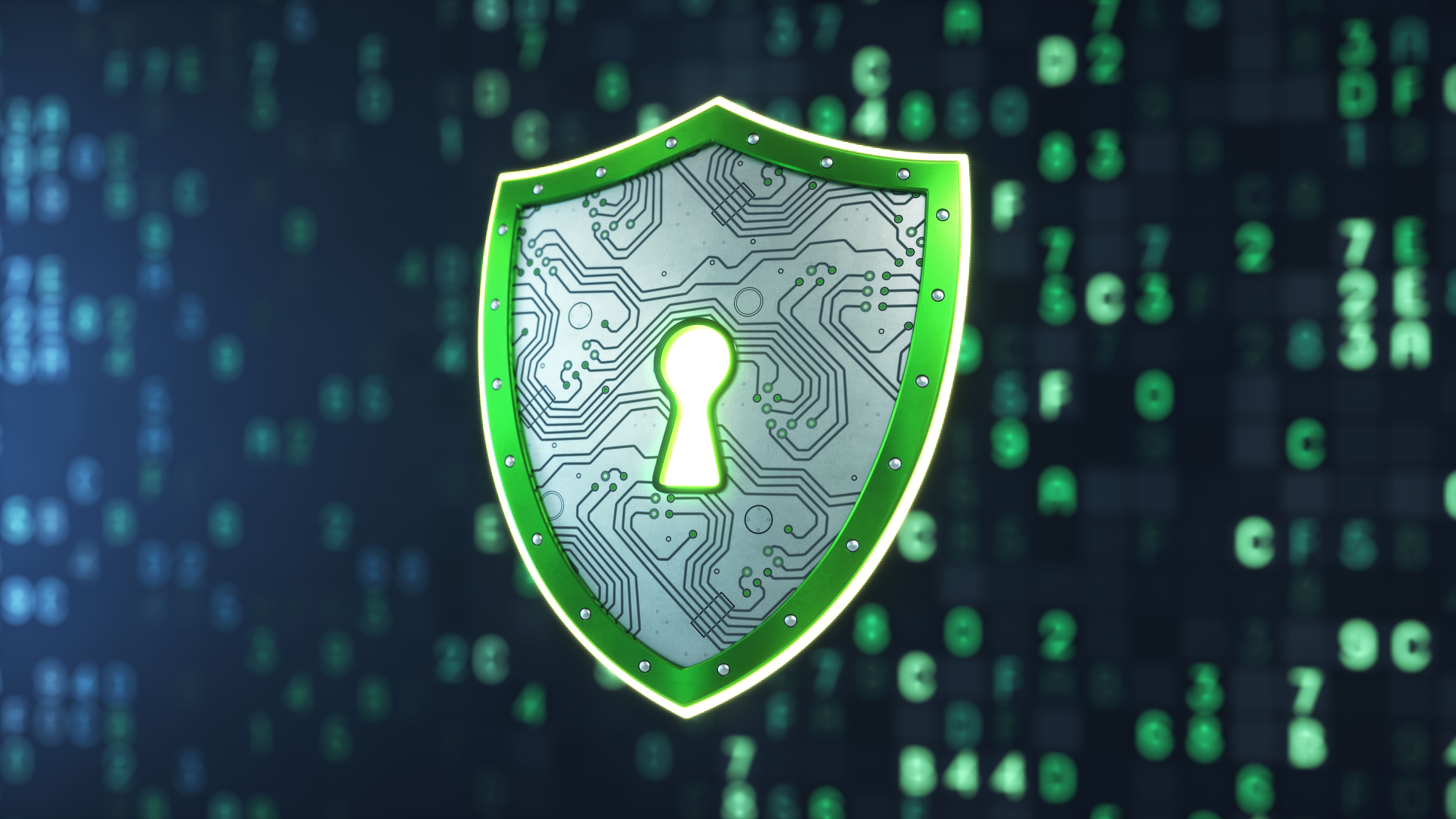 IT security concept with a hovering digital shield and keyhole and on a dark glowing background with binary computer code.