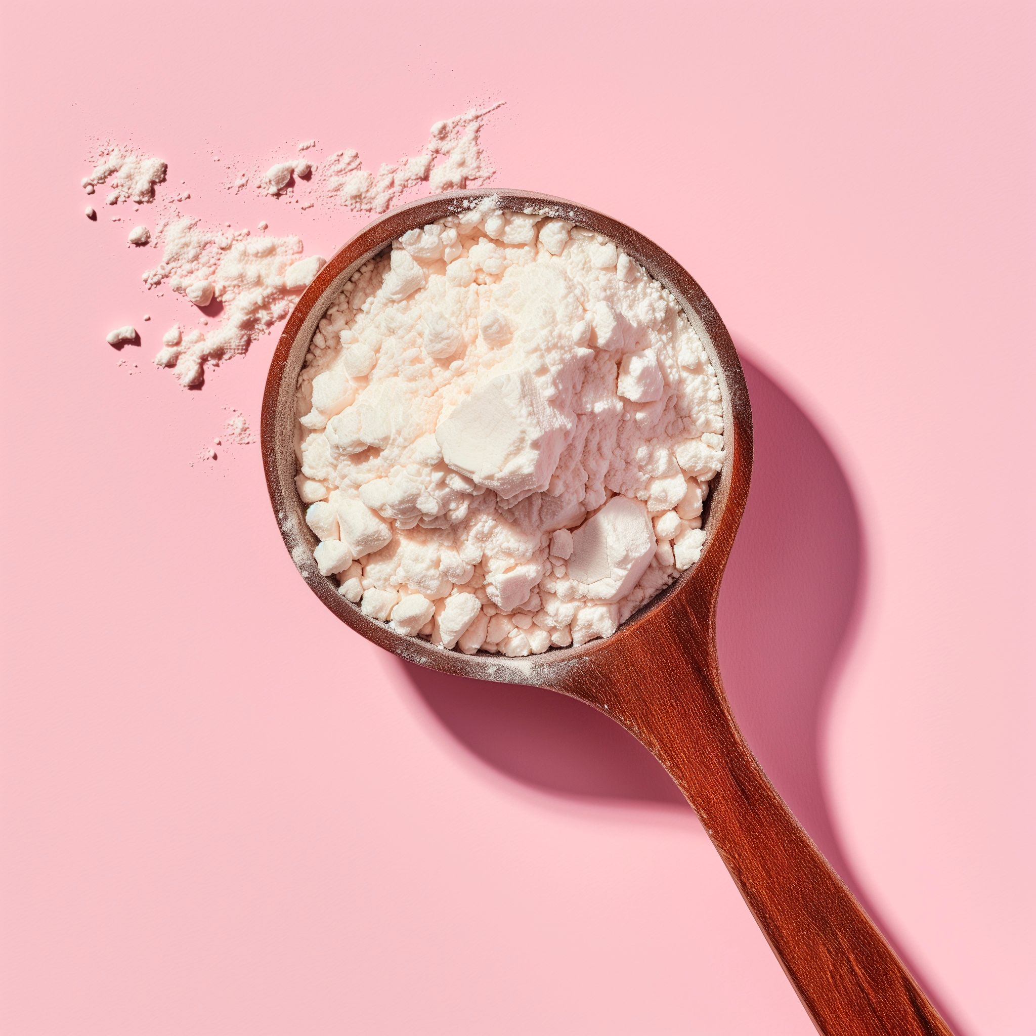 Measuring spoon with collagen powder or alginate mask on pink background.