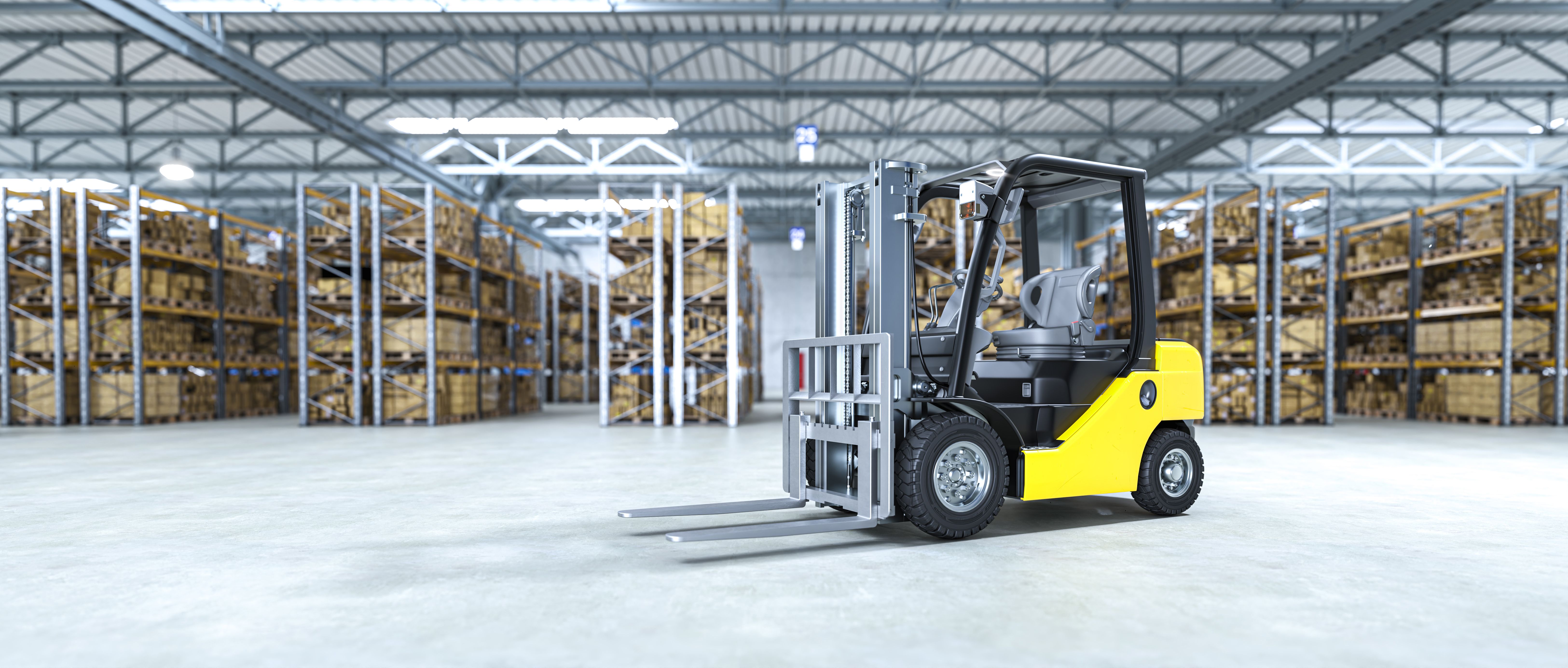 Forklift parked in a distribution warehouse