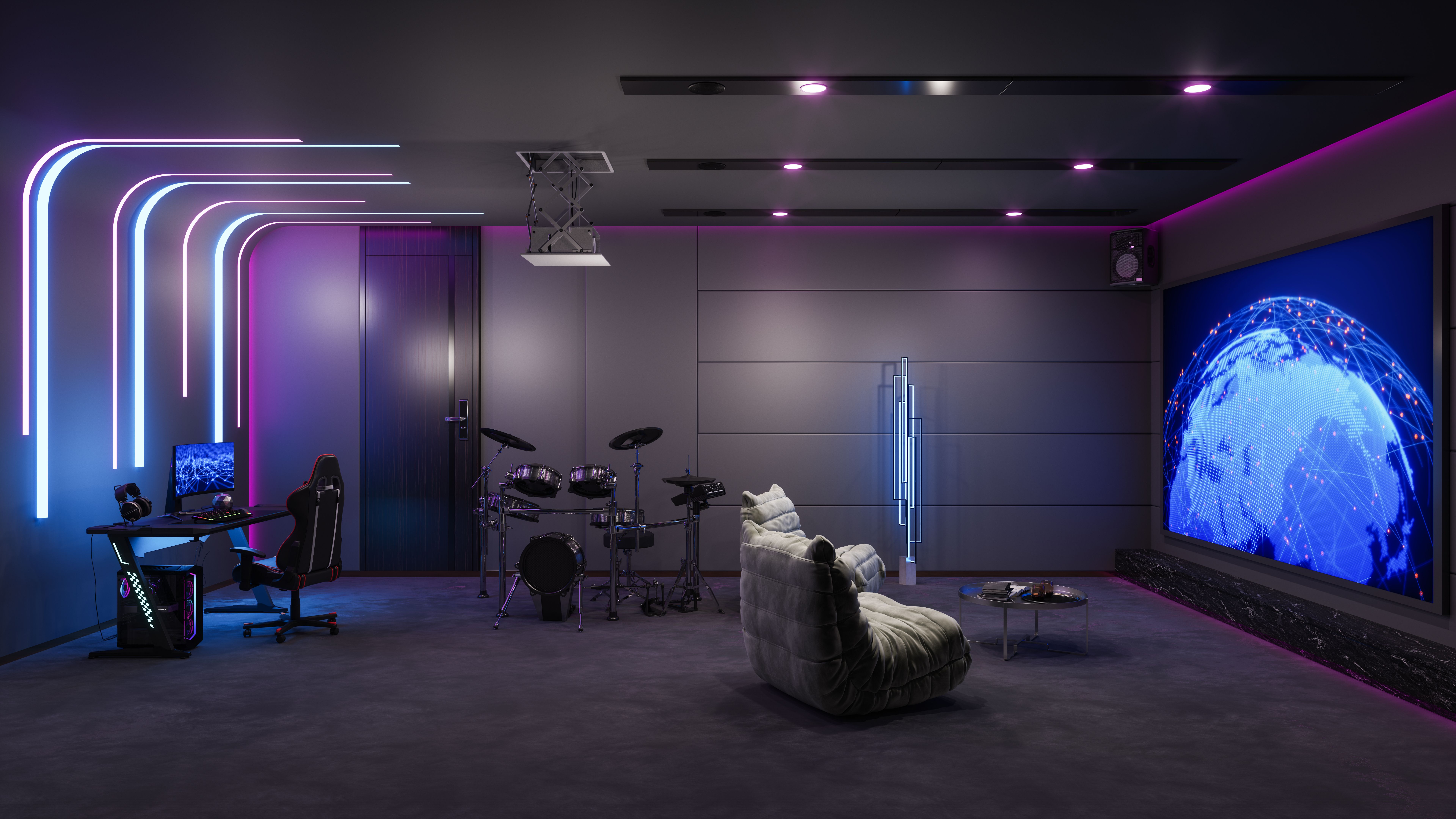 Private Home Cinema Room With Neon Lighting, Projection Screen, Armchairs, Speakers, Gaming Chair And Drum Kit