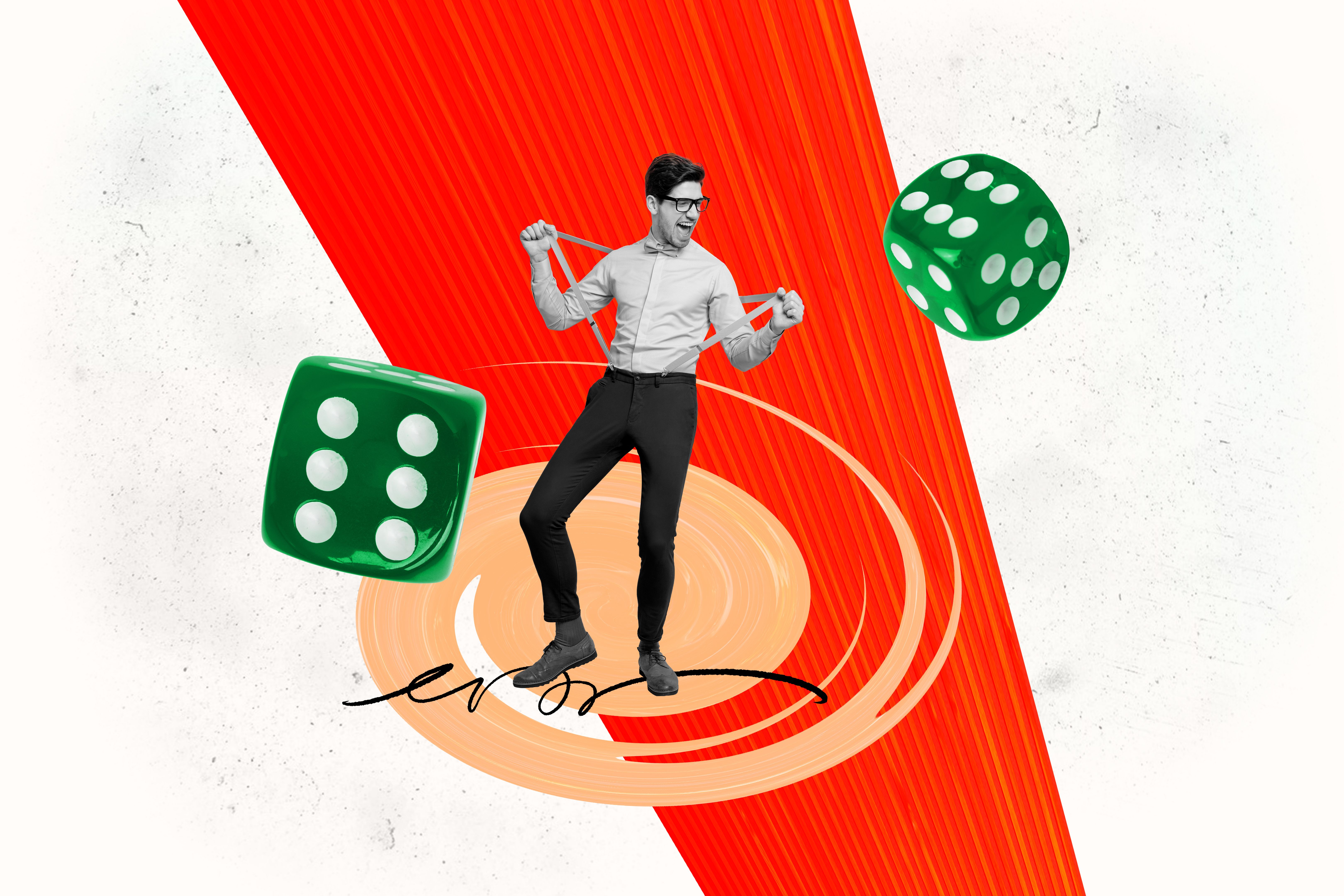 Composite trend artwork sketch image photo collage of&nbsp;casino gambling betting play young man businessman dance handsome&nbsp;roulette&nbsp;success