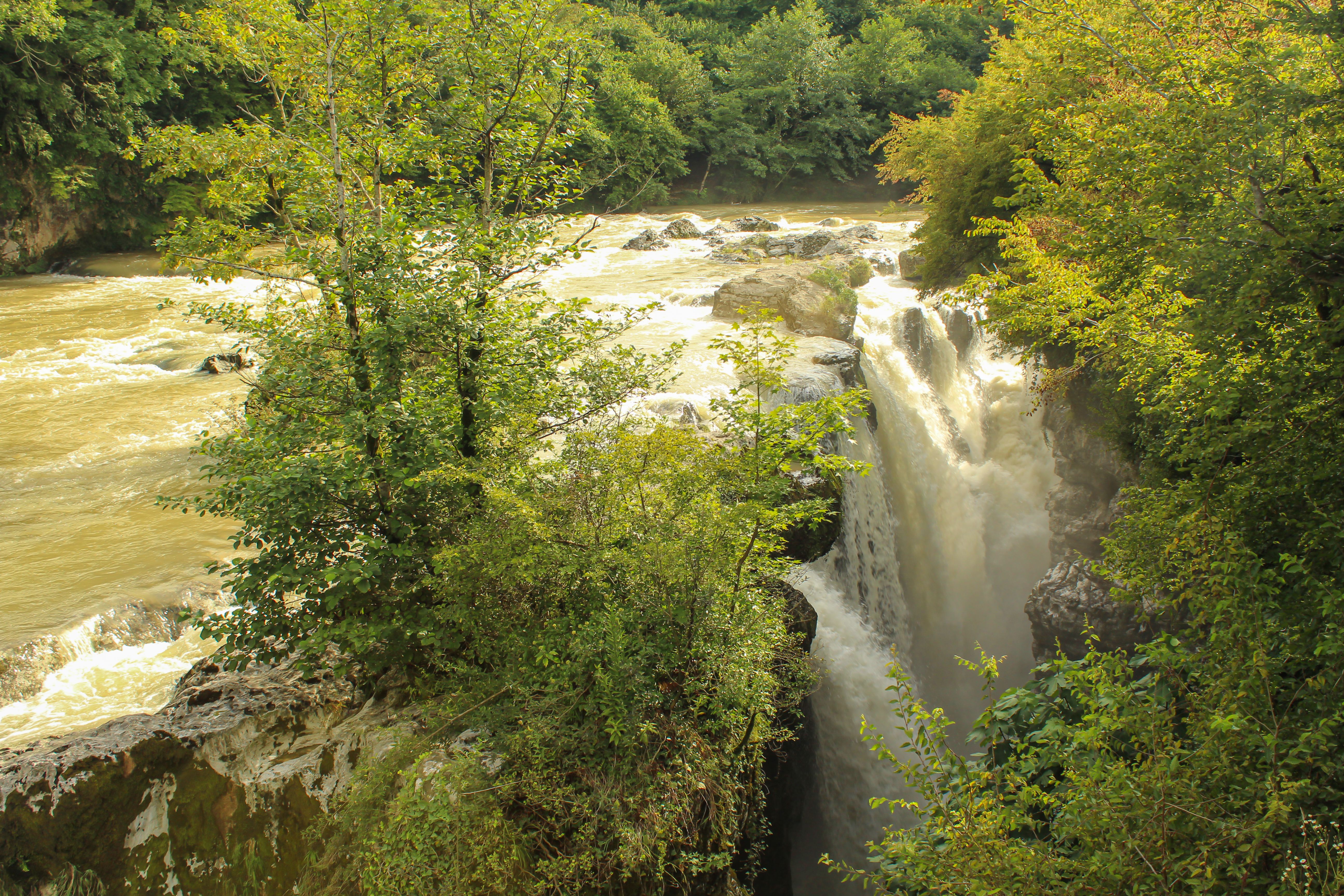 Water falling down the canyon forming the waterfall in Martvili, Georgia