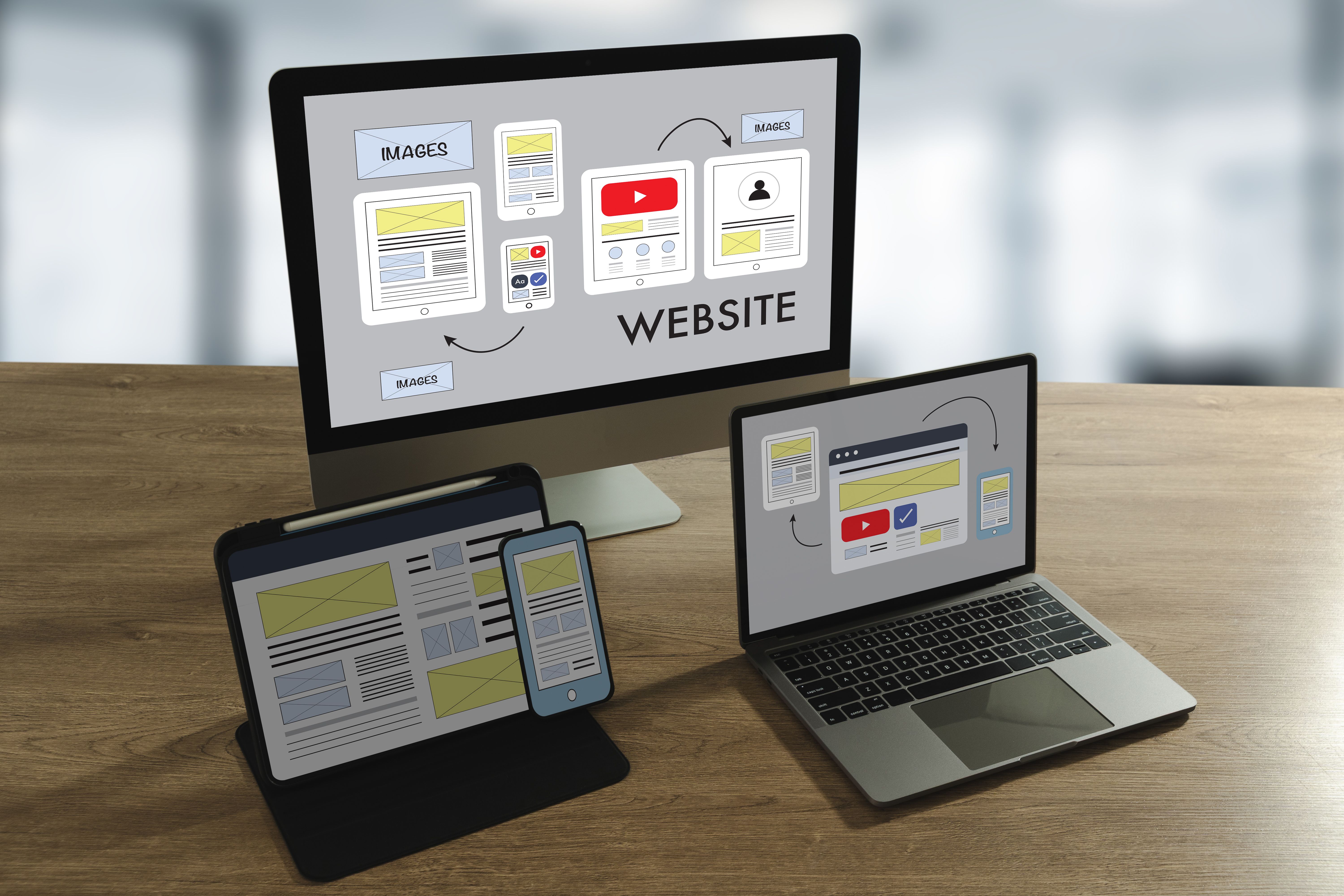 Responsive website design mockup on desktop, laptop, tablet, and smartphone for modern web development and UI/UX projects