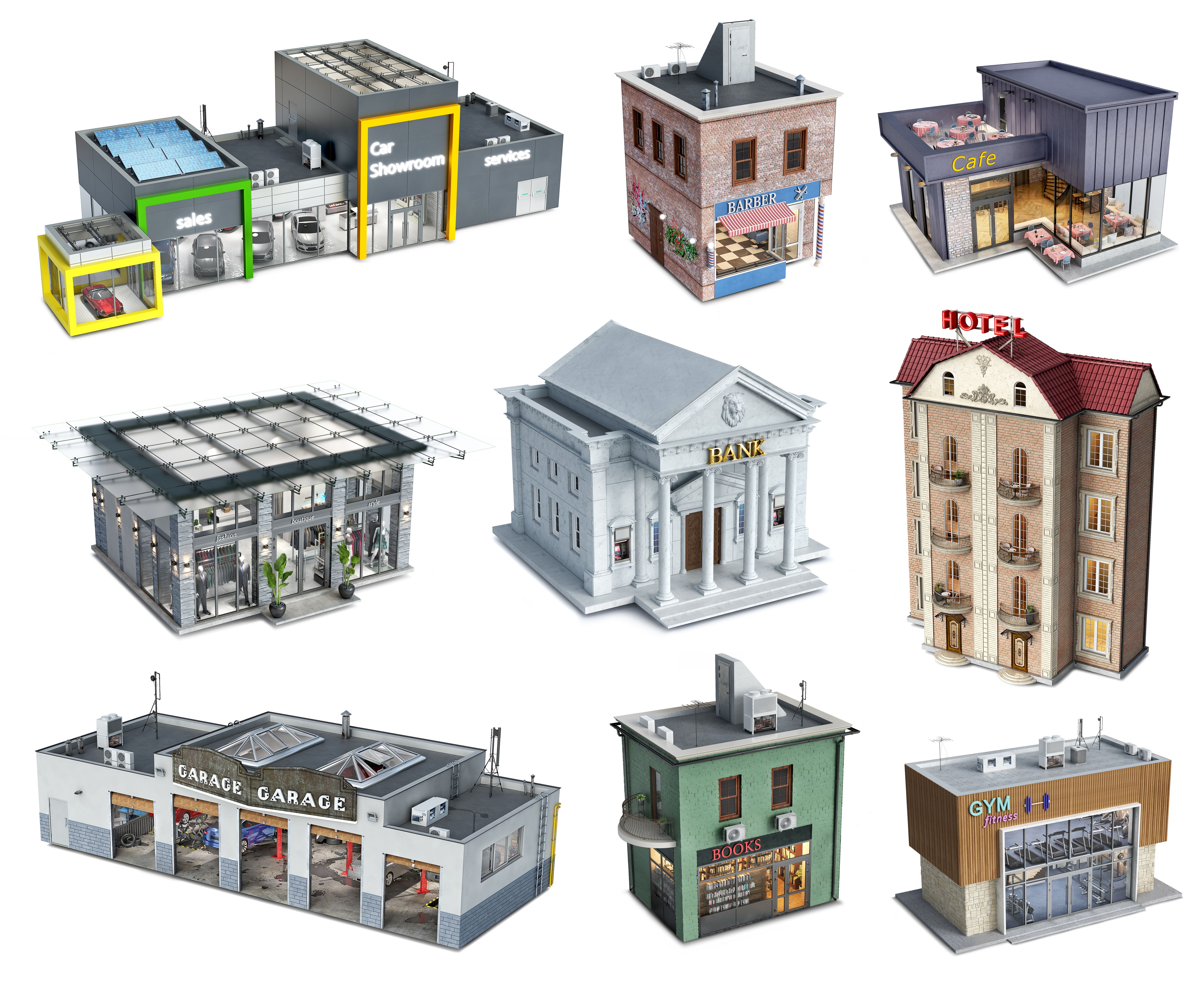 Public buildings set on white background, 3d illustration