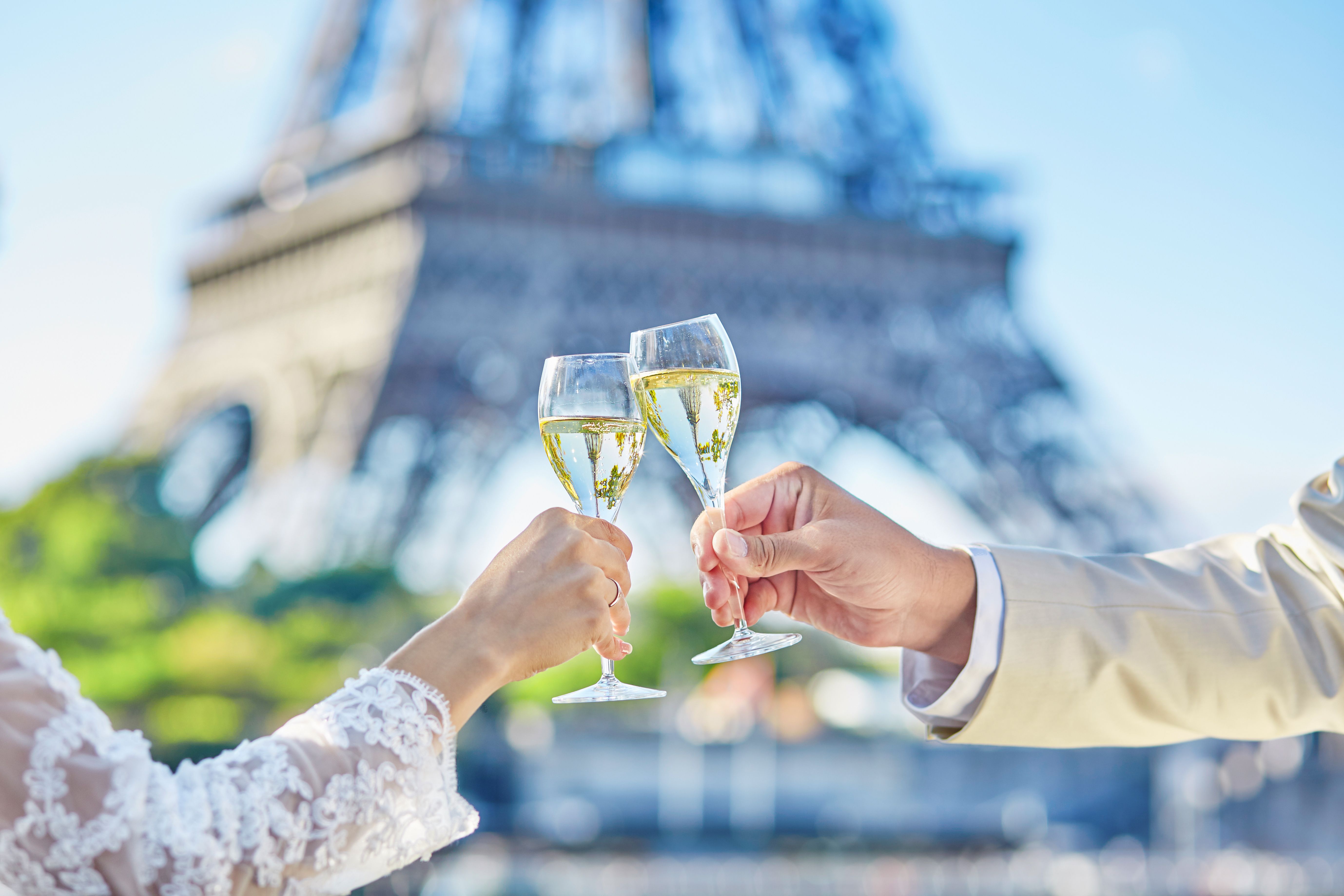Just married couple drinking champagne