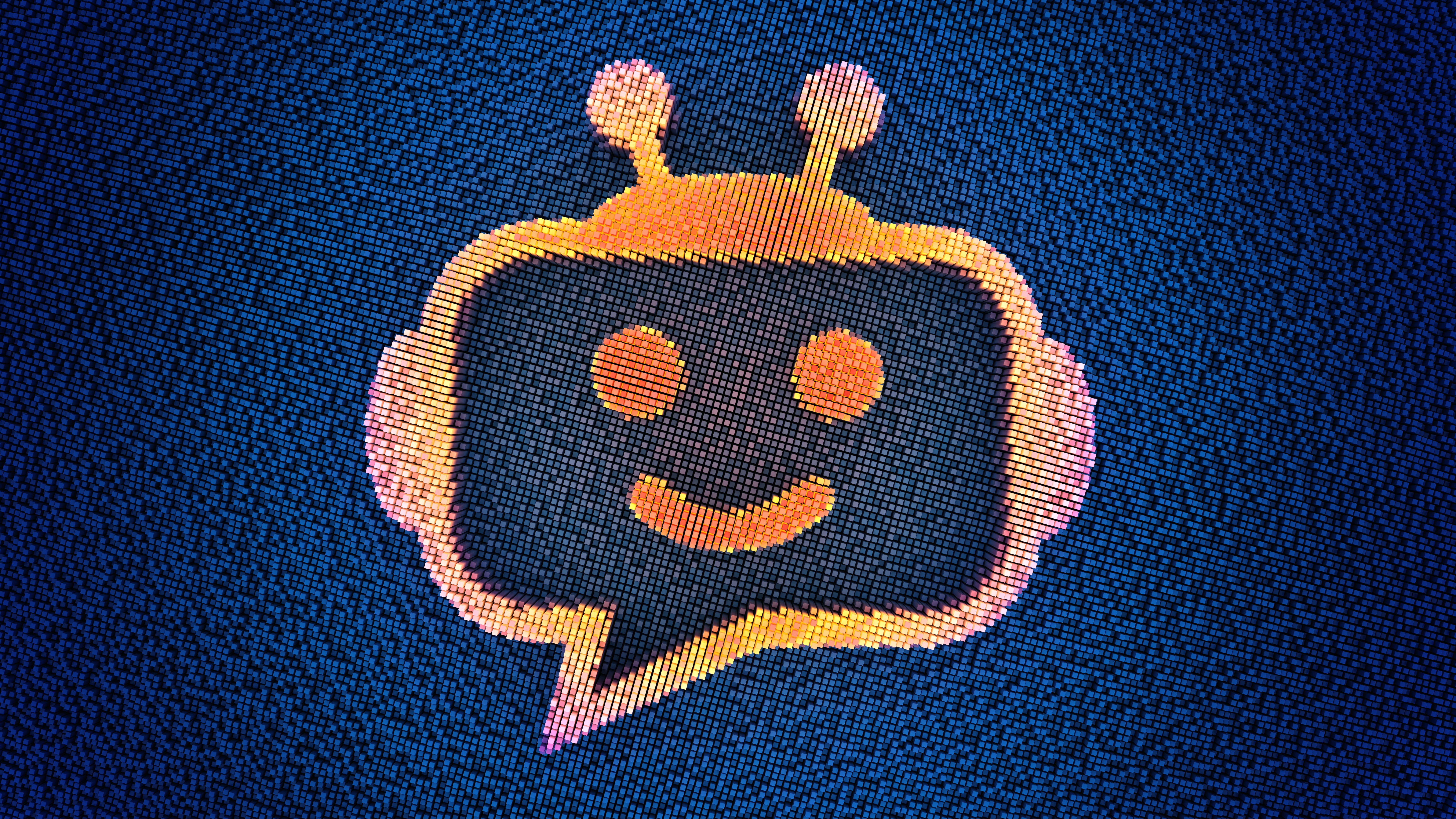 Chatbot icon on the digital futuristic blue background. 3d Illustration with bright colors and pixelated technology.