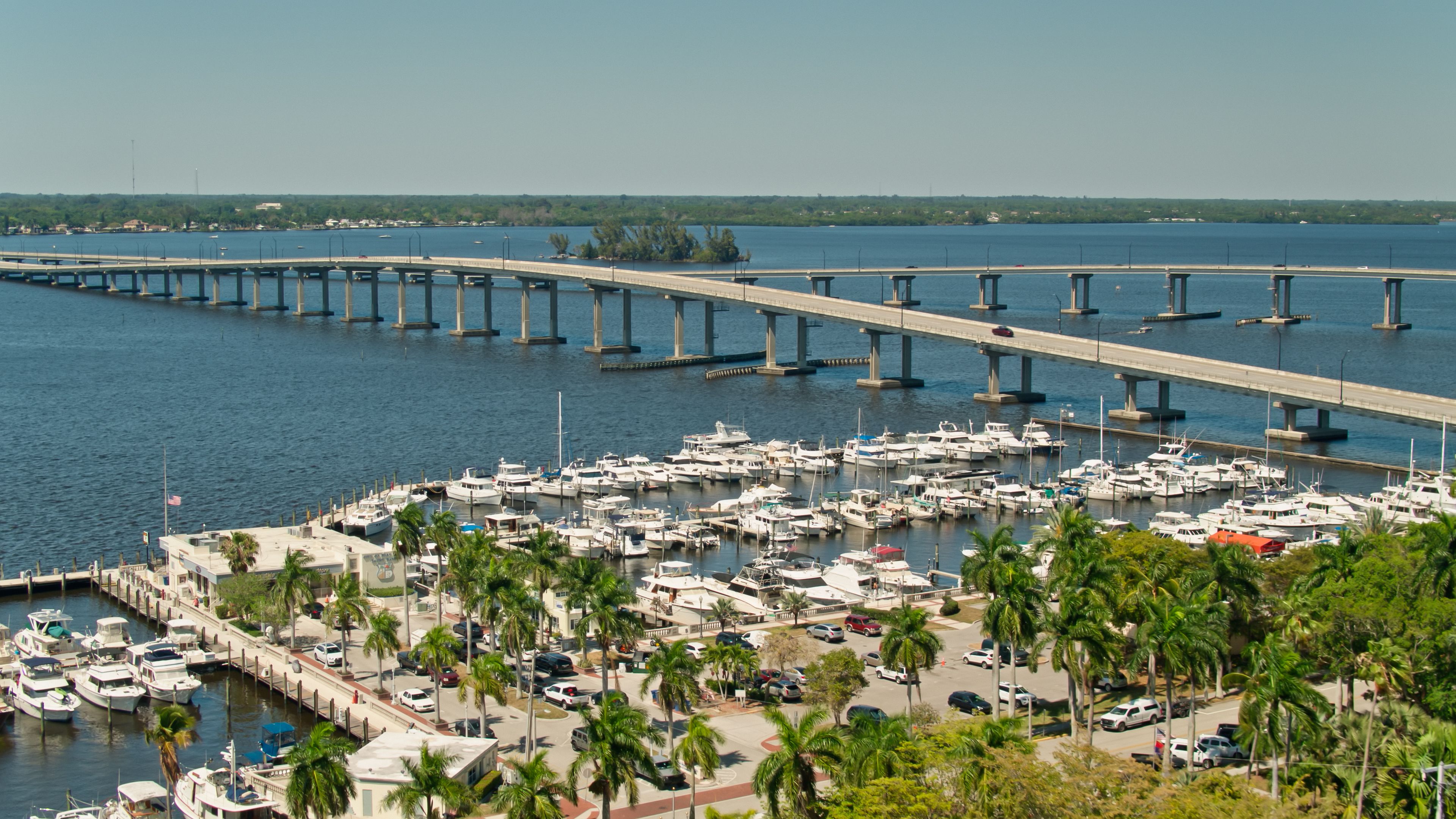 Drone Shot of Marina and Edison Bridge on Caloosahatchee River in Fort Myers, FL