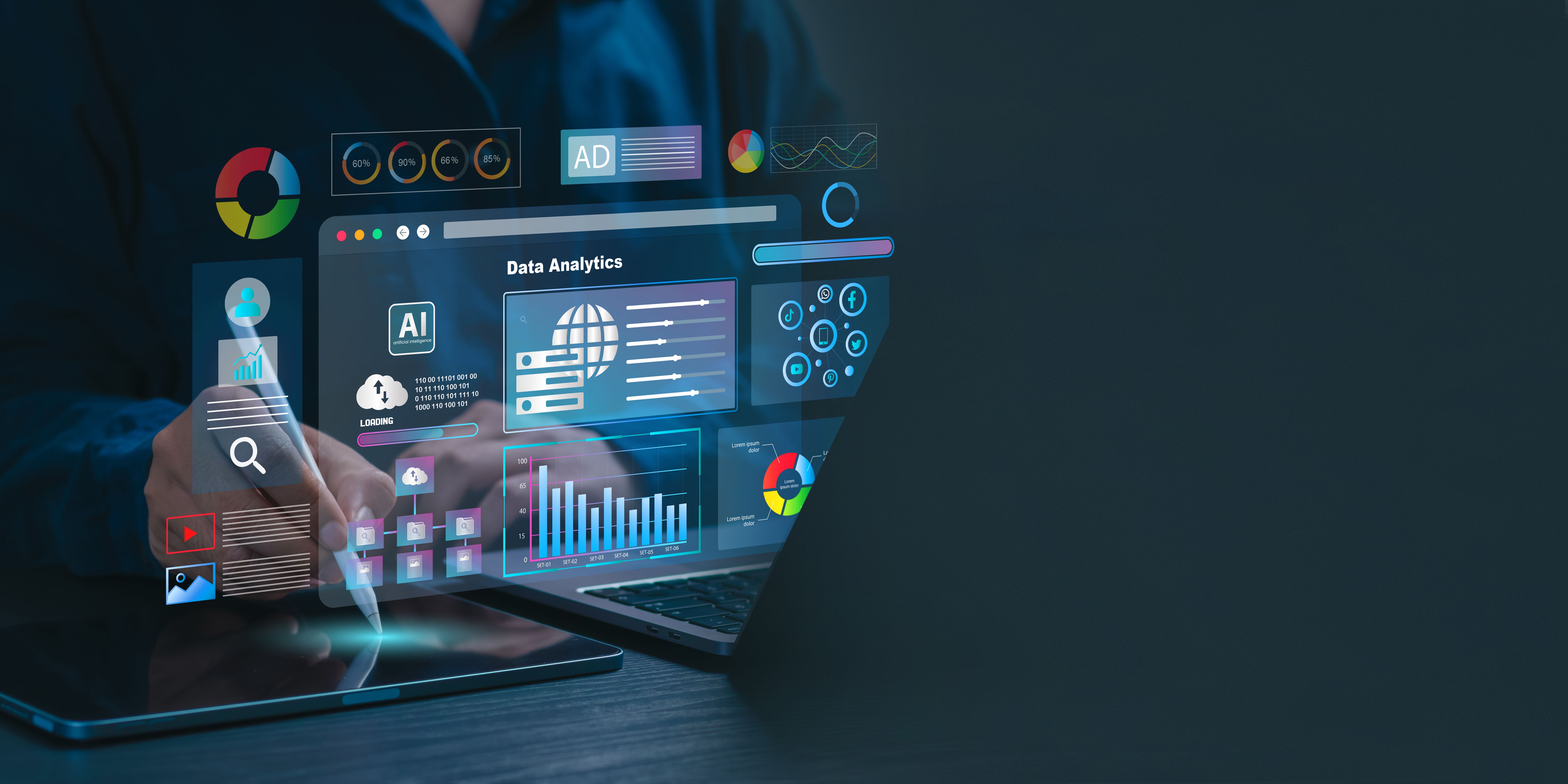 Analyst working with computer in Business Analytics and Data Management System with KPI and metrics connected to the database for technology finance, operations, sales, marketing. Data analysis.Ai