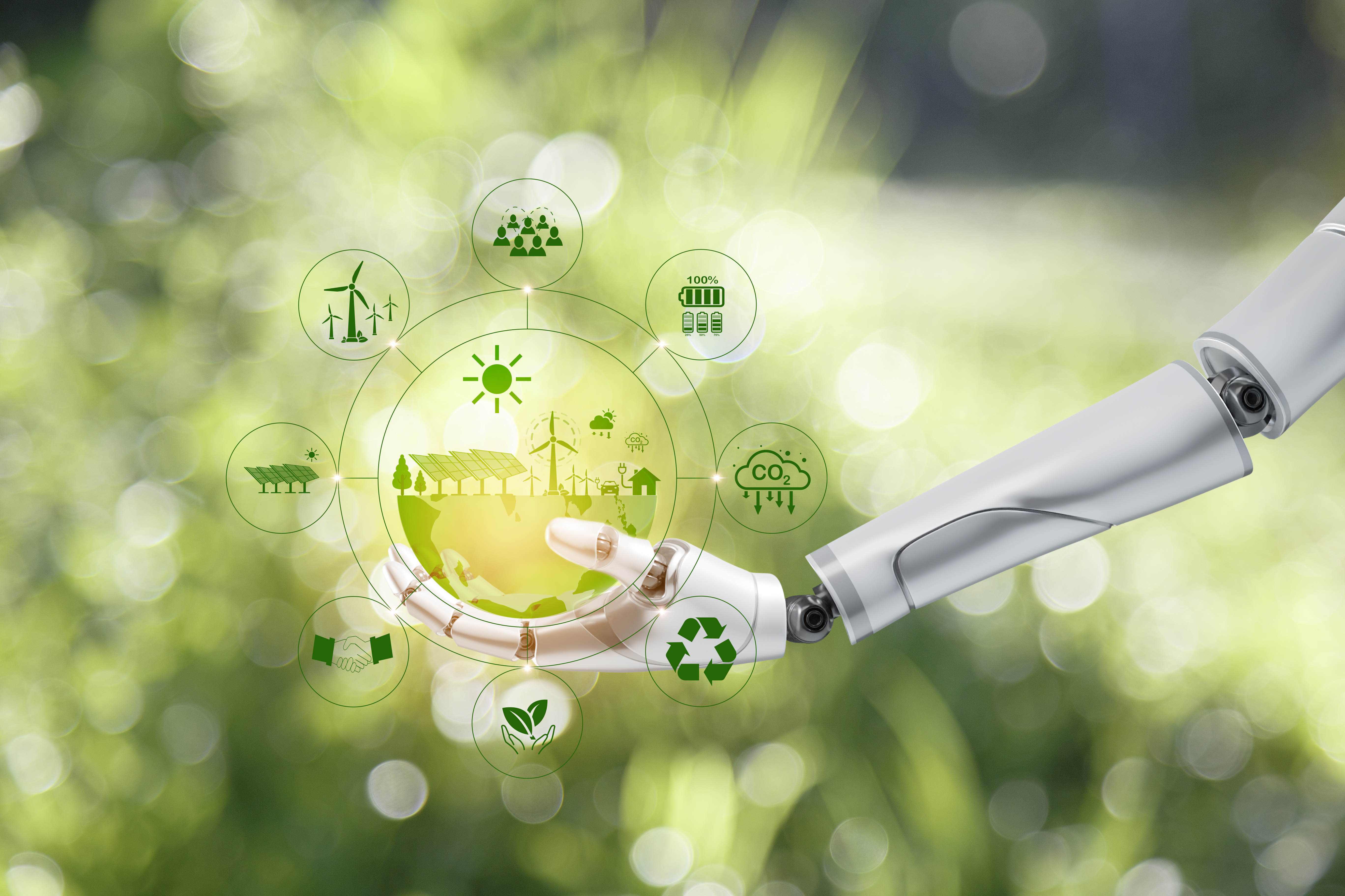 green energy system. AI machine learning, robotic hand touching world icon on green nature blur background. Net zero in 2050 year. Green energy icon around it. Net zero emission Idea innovative. green energy system. AI machine learning, robotic hand touching world icon on green nature blur background. Net zero in 2050 year. Green energy icon around it. Net zero emission Idea innovative.