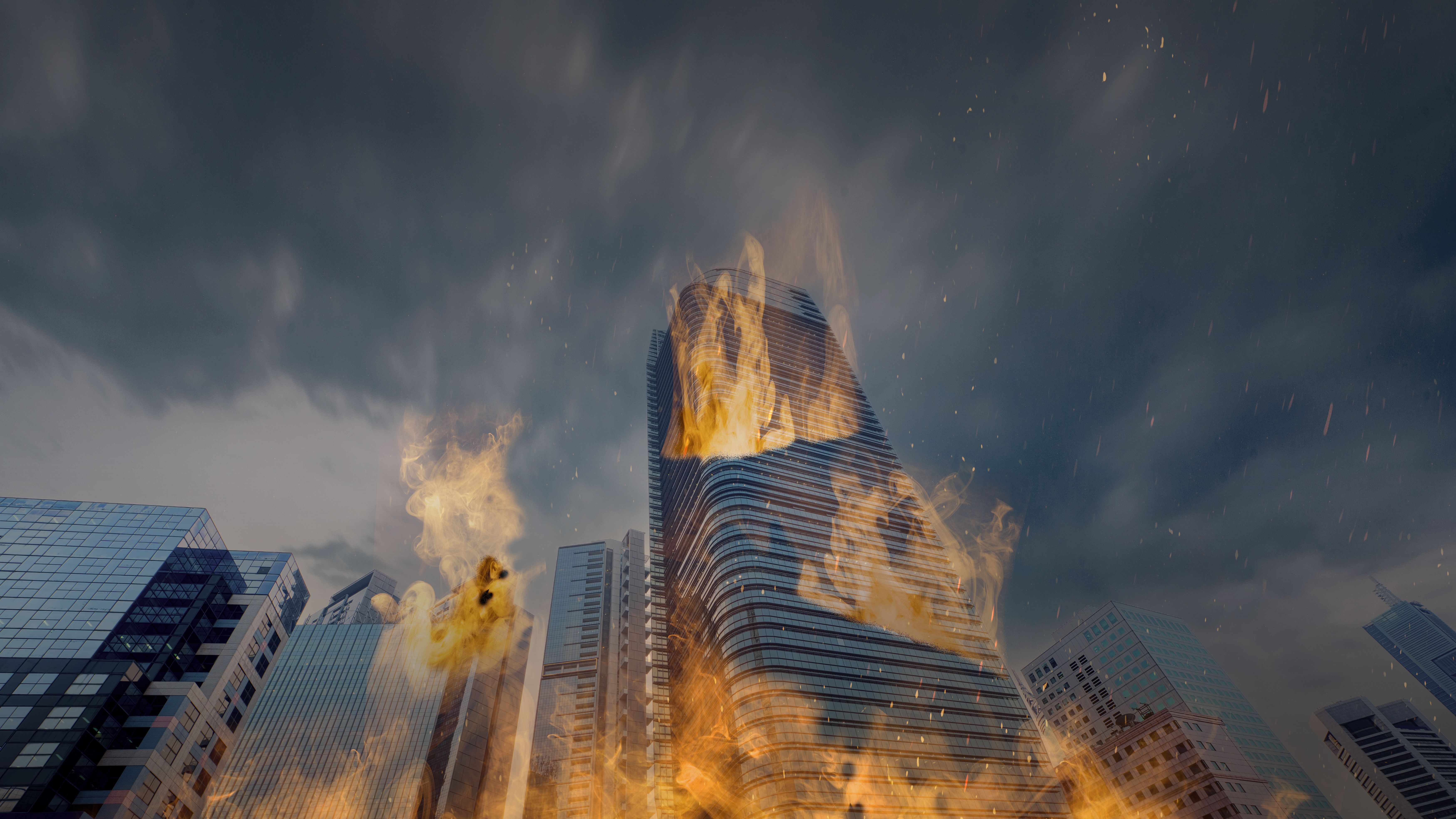 Thick smoke from burning buildings