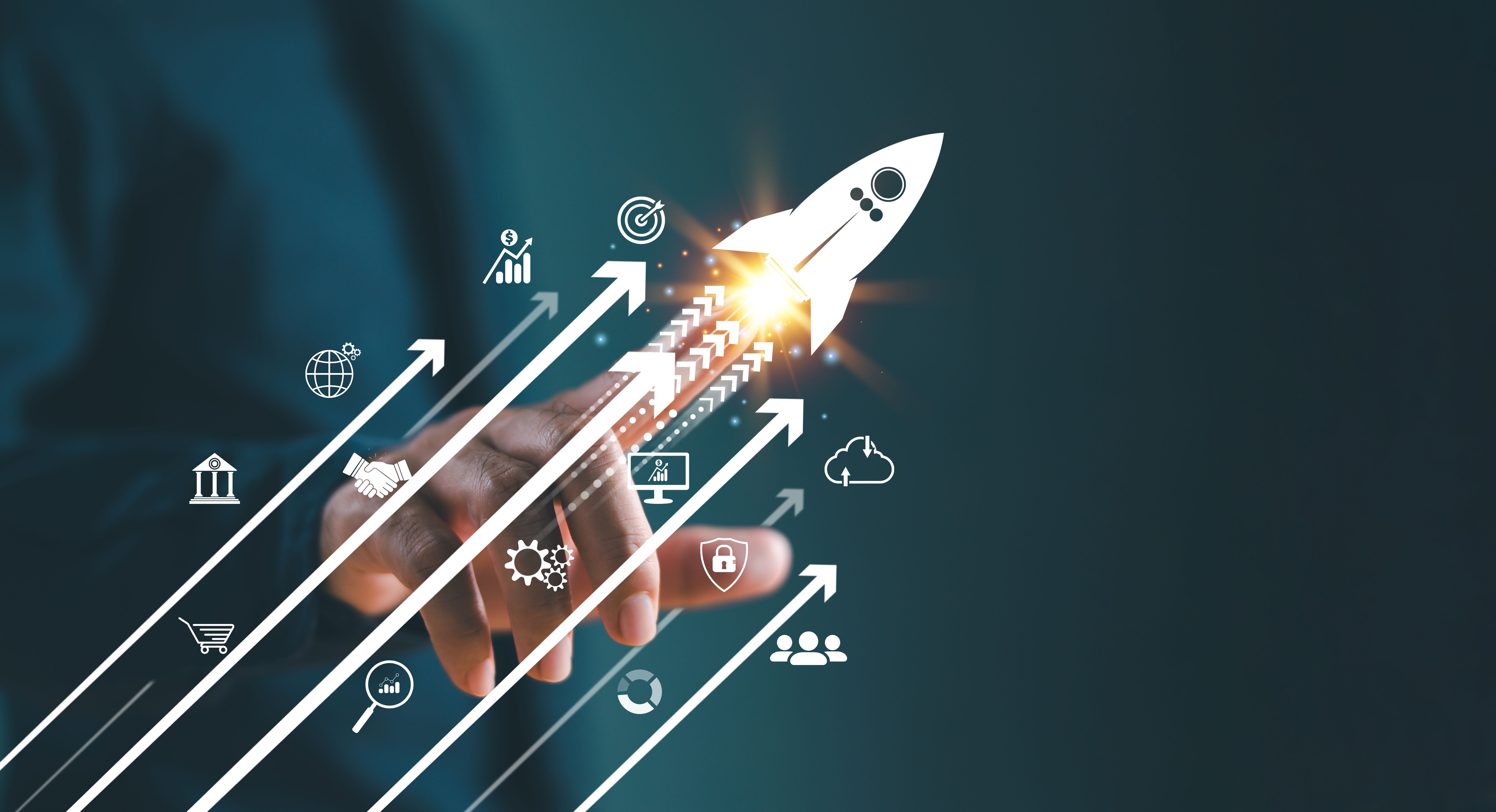 Excellence growth strategy business trend concept. Businessman hand on arrow invest icon. Fast increase sale marketing, success potential, soar rocket towards wealth opportunity. Competitive goal plan