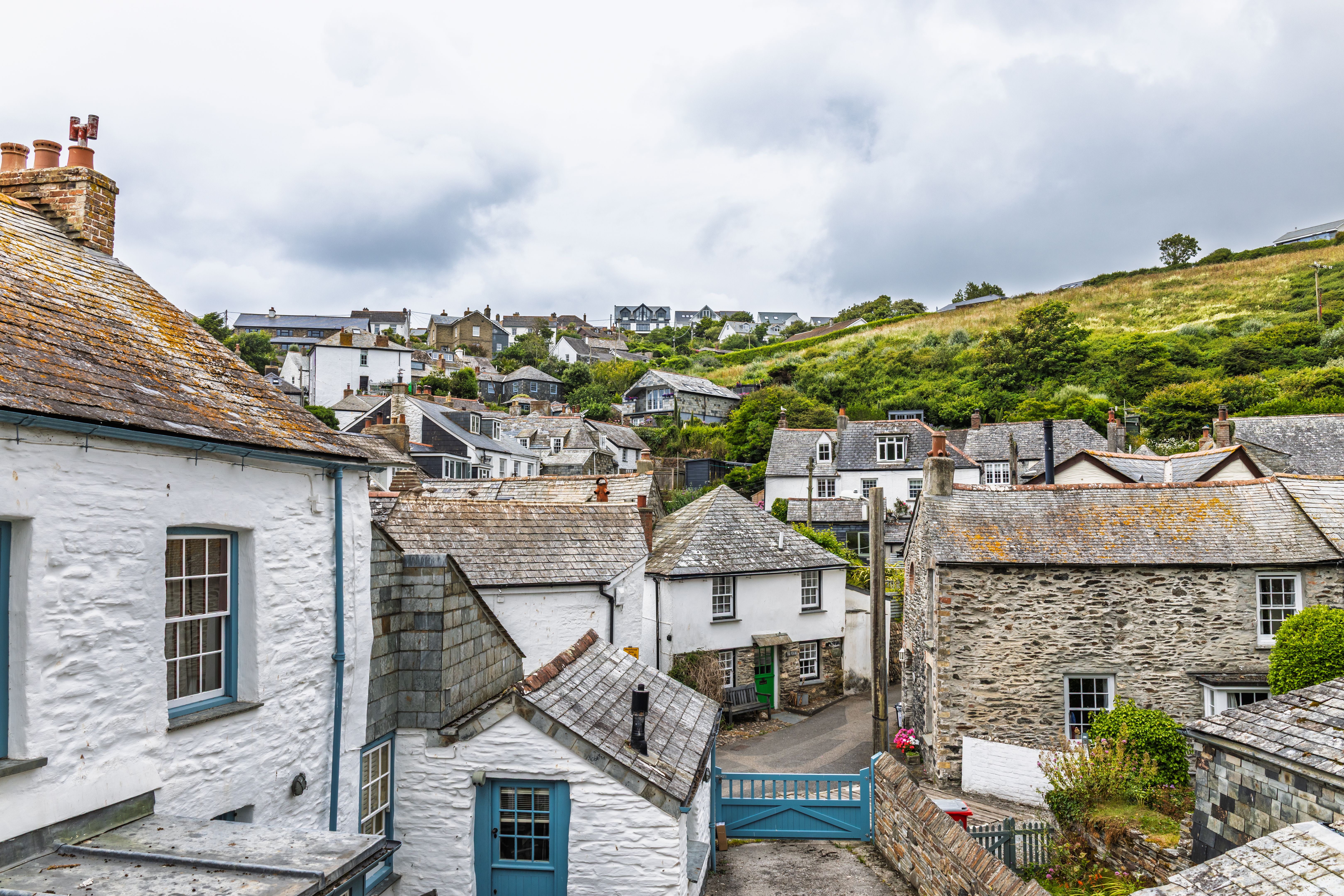 Port Isaac Rooftops and Hillside Cottages. Elevated Village View, Cornwall, England