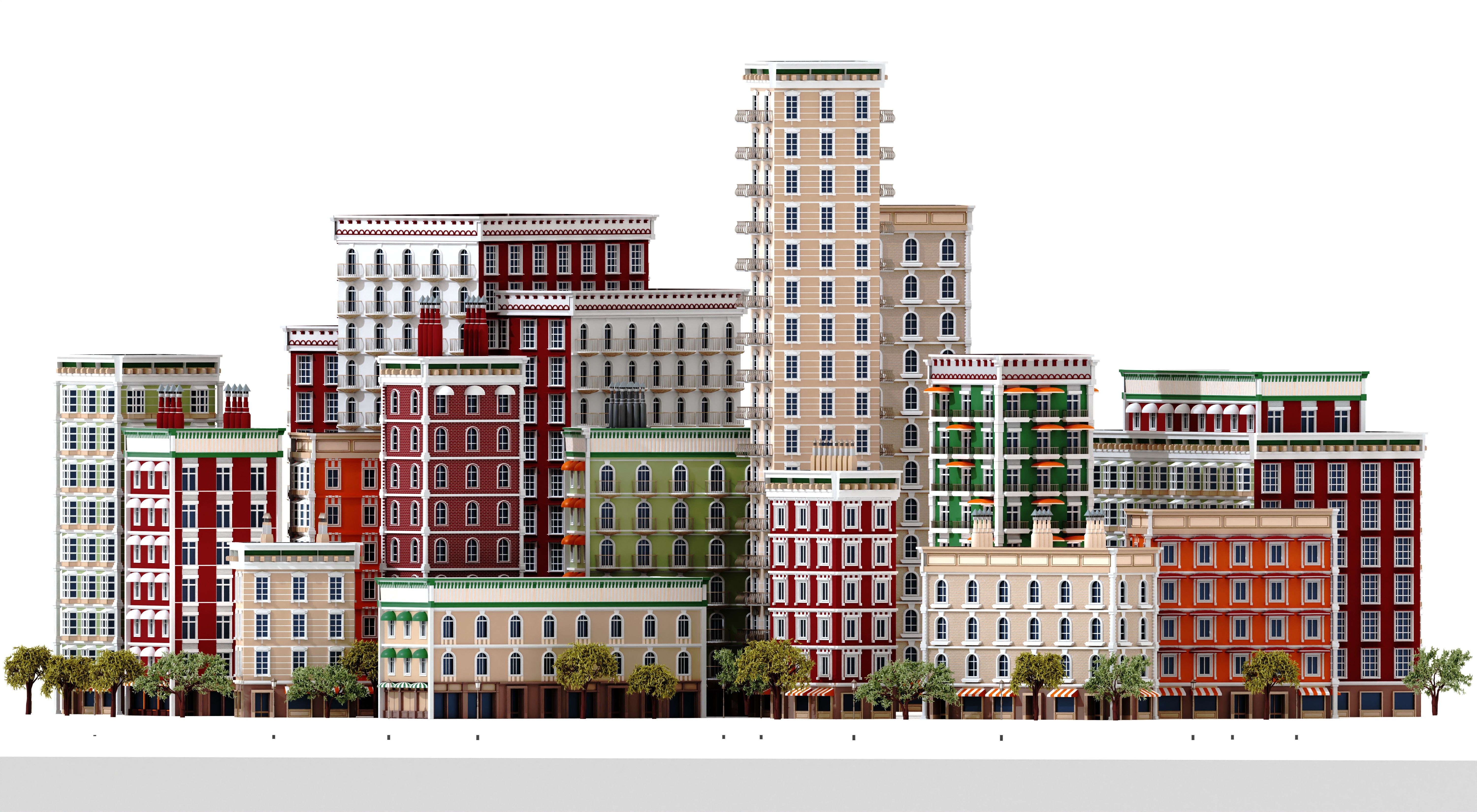 Beautiful city with periodic style buildings. 3D rendering illustration