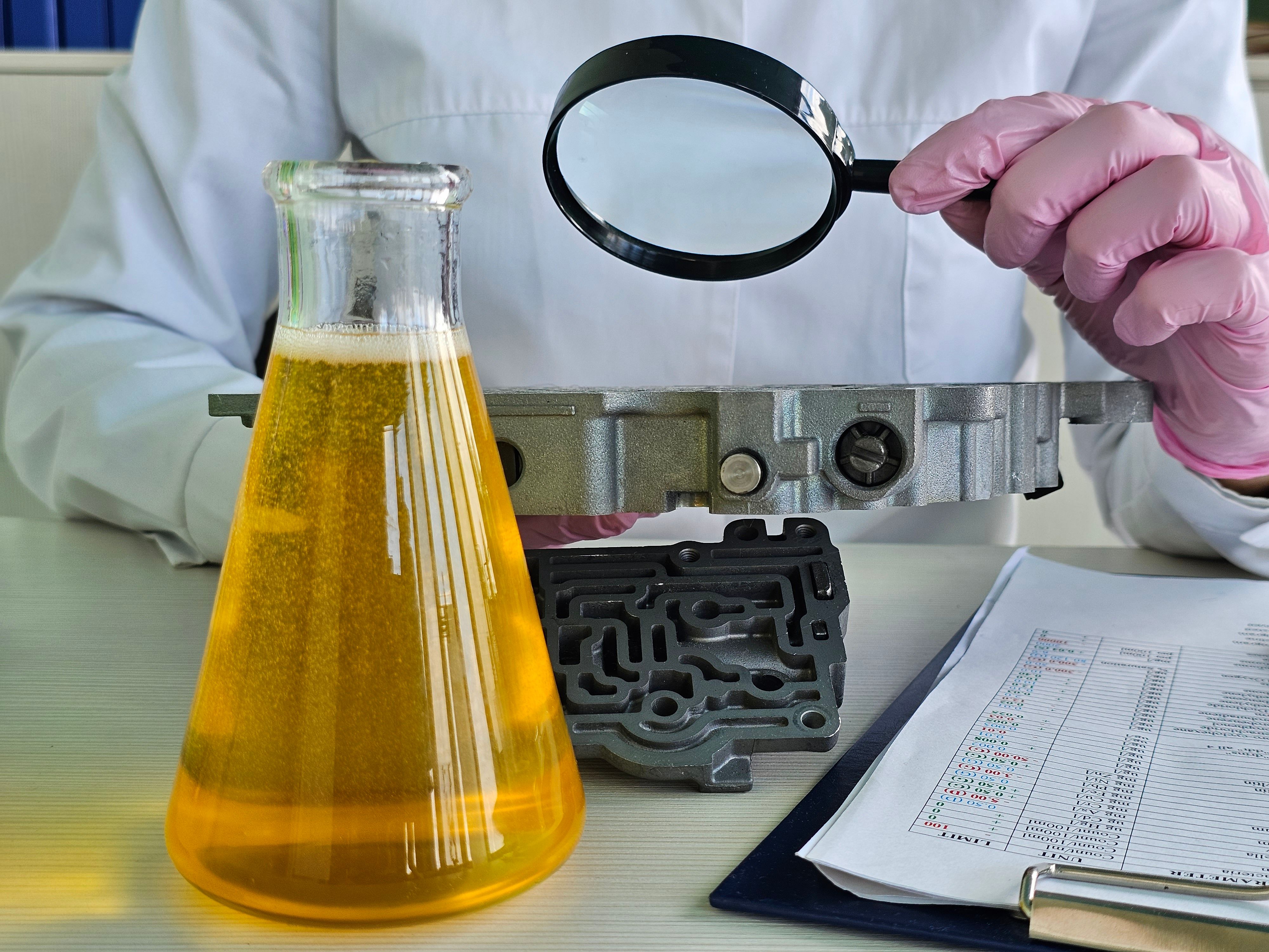 Laboratory analysis of engine oil with magnifying glass and beaker for quality assessment concept