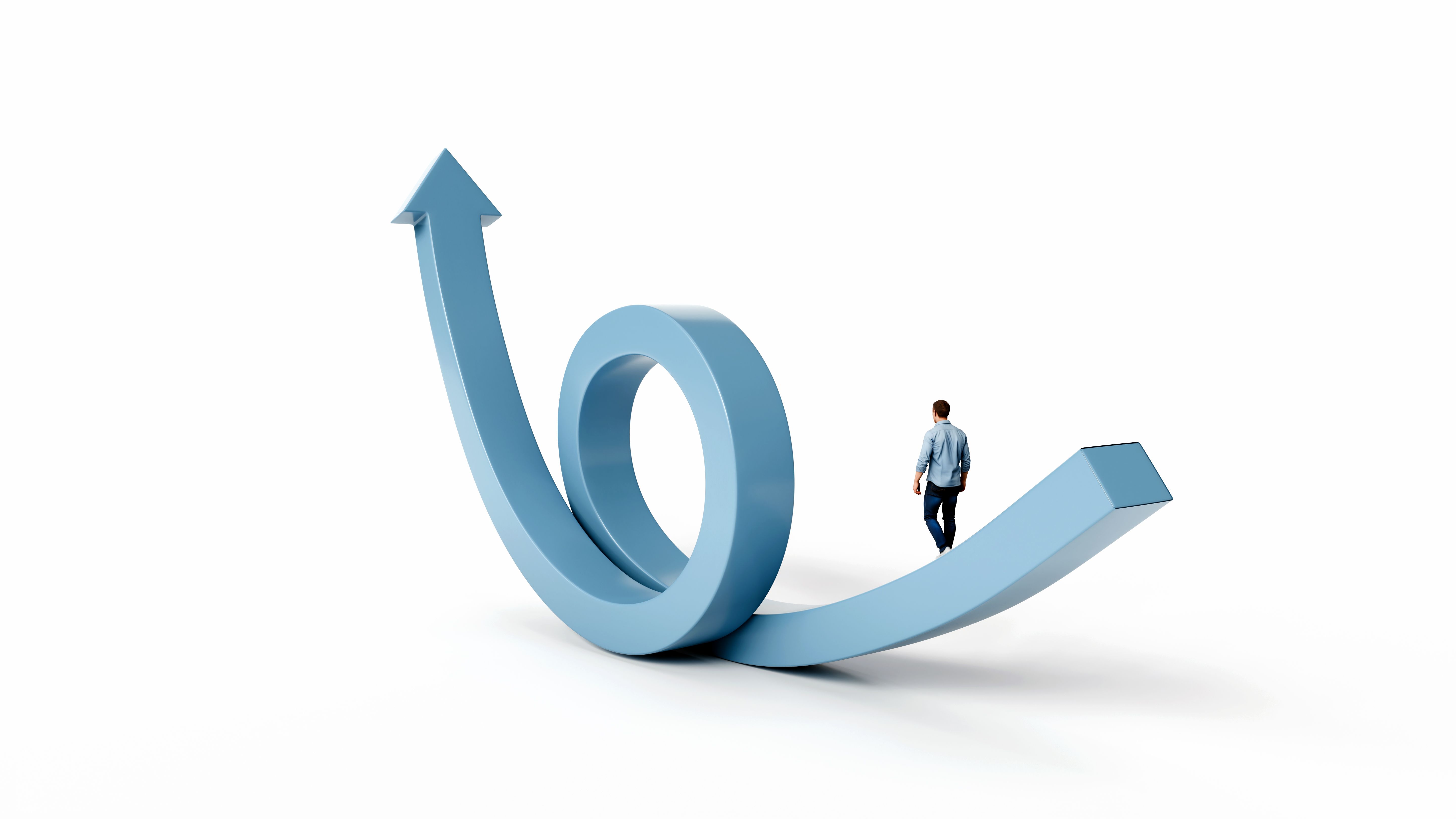 Man walking on a straight path with a full loop and arrow pointing upward at the end, concept of persistence, as a top business consultant in Fort Worth Man walking on a straight path with a full loop and arrow pointing upward at the end, concept of persistence, as a top business consultant in Fort Worth
