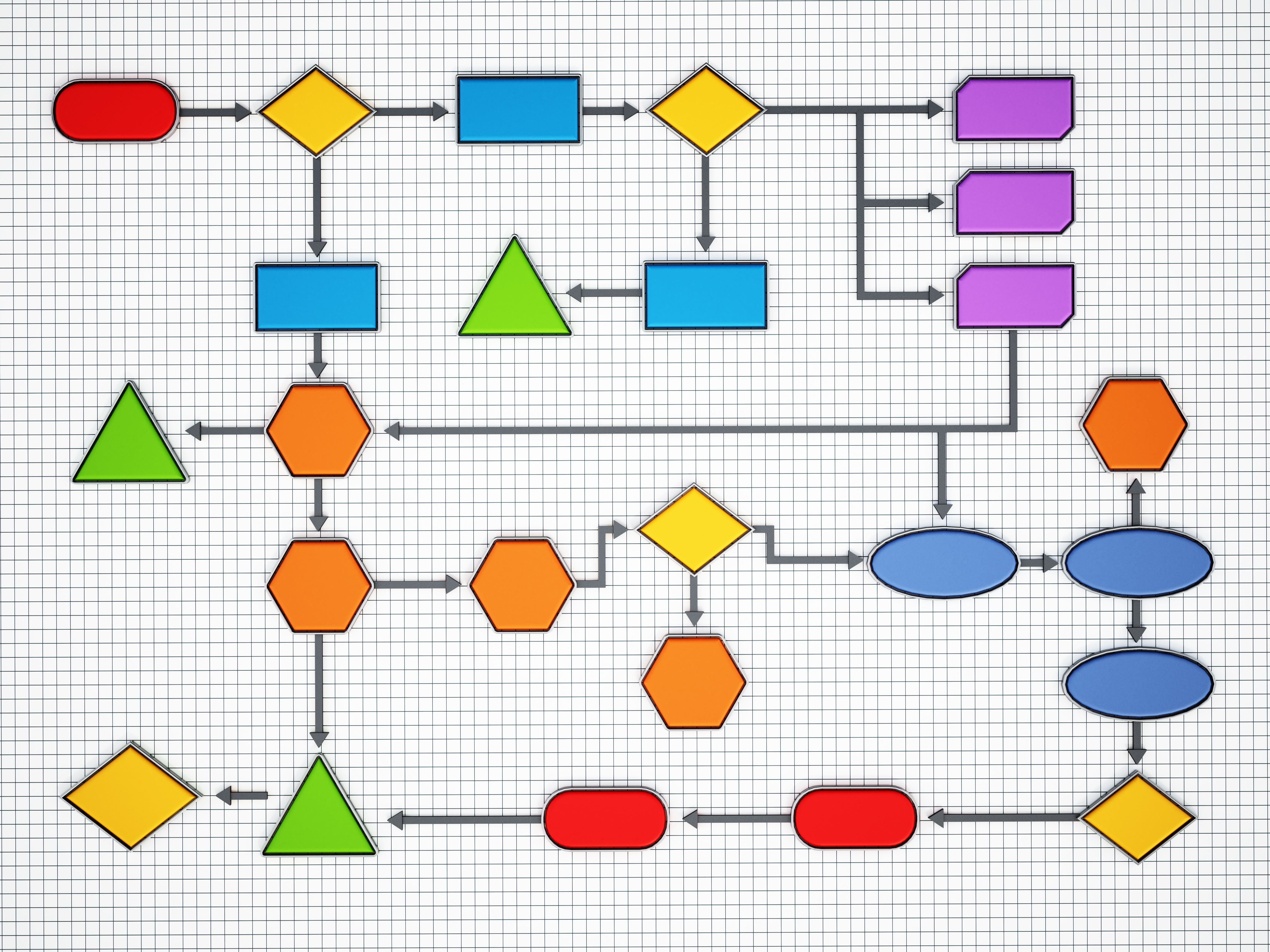 Colorful geometric shapes connected with arrows forming a software diagram