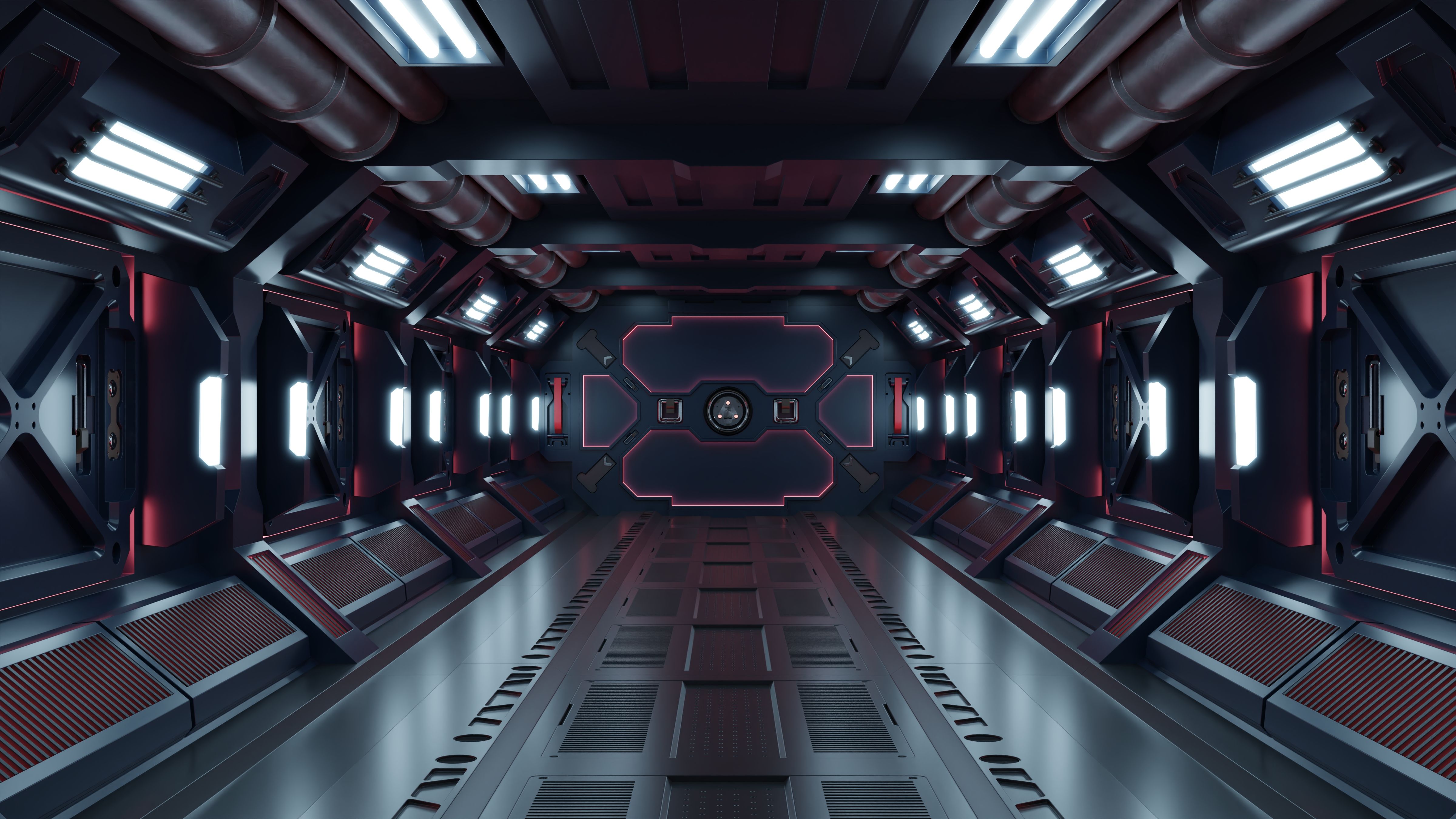 Science background fiction interior rendering sci-fi spaceship corridors red light.