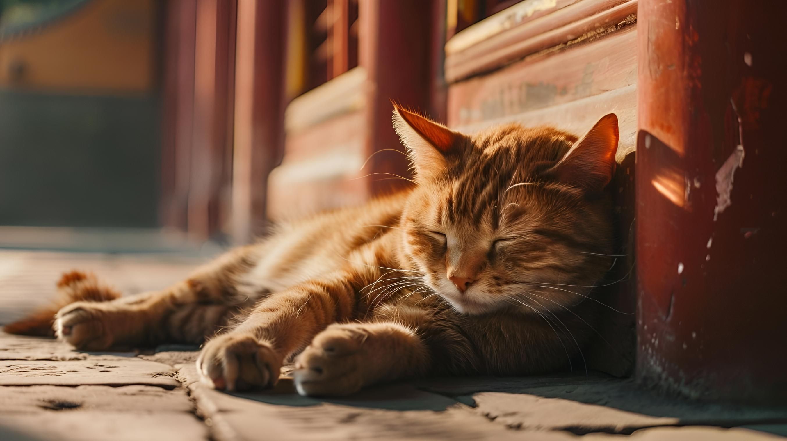 Cat peacefully napping next to a building's entrance