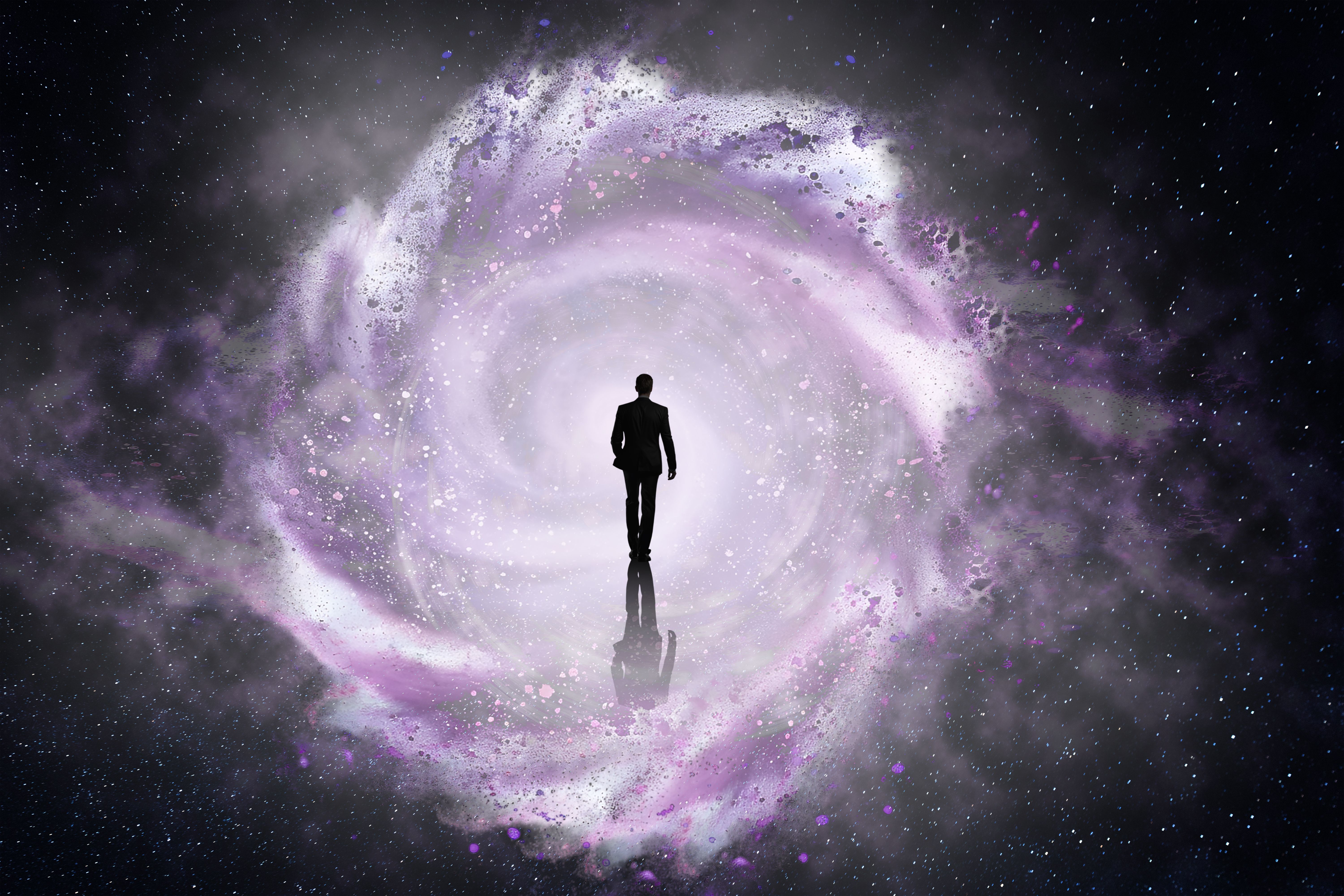 Man Walking into a Purple Galaxy Vortex in Space