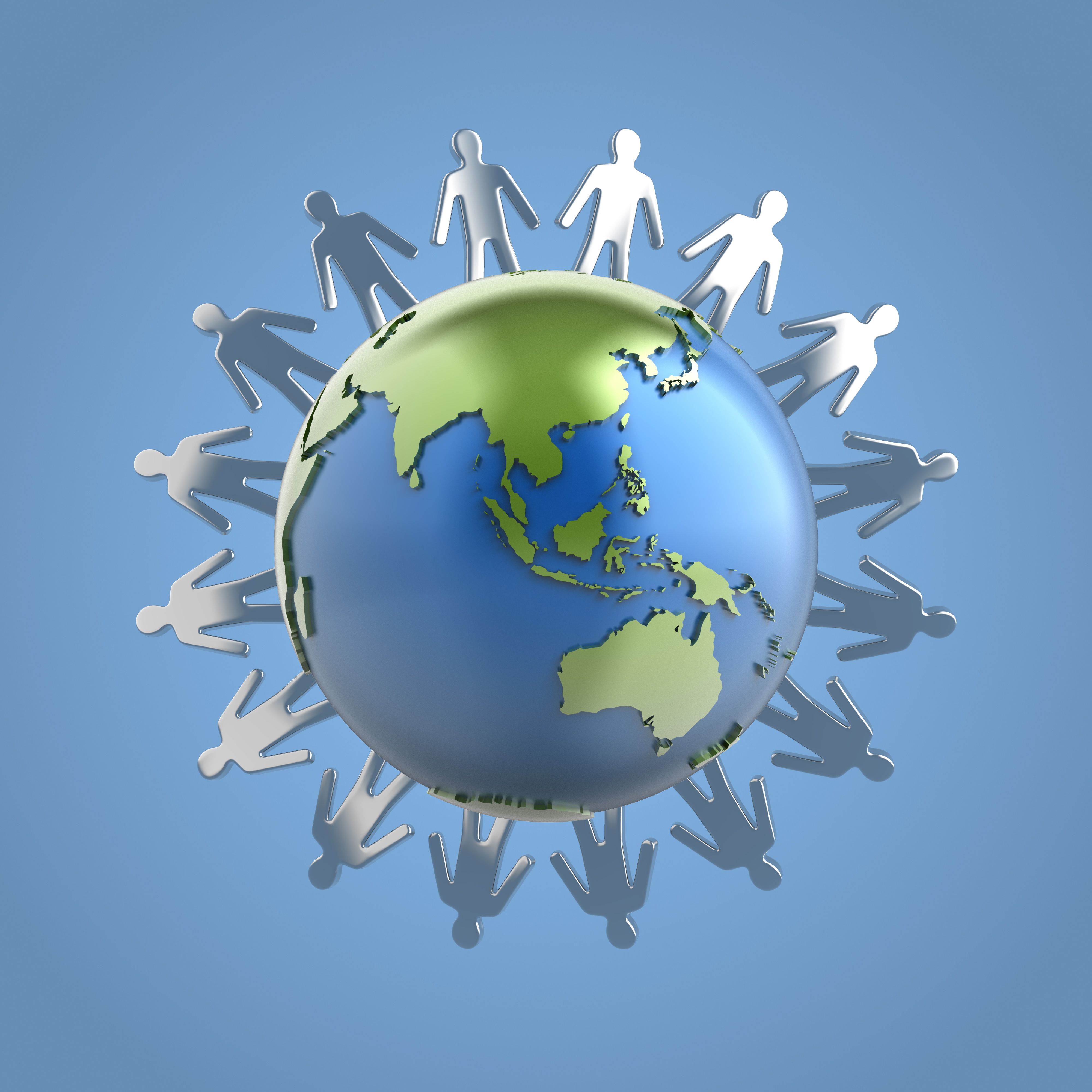 human figures surround a Metal globe