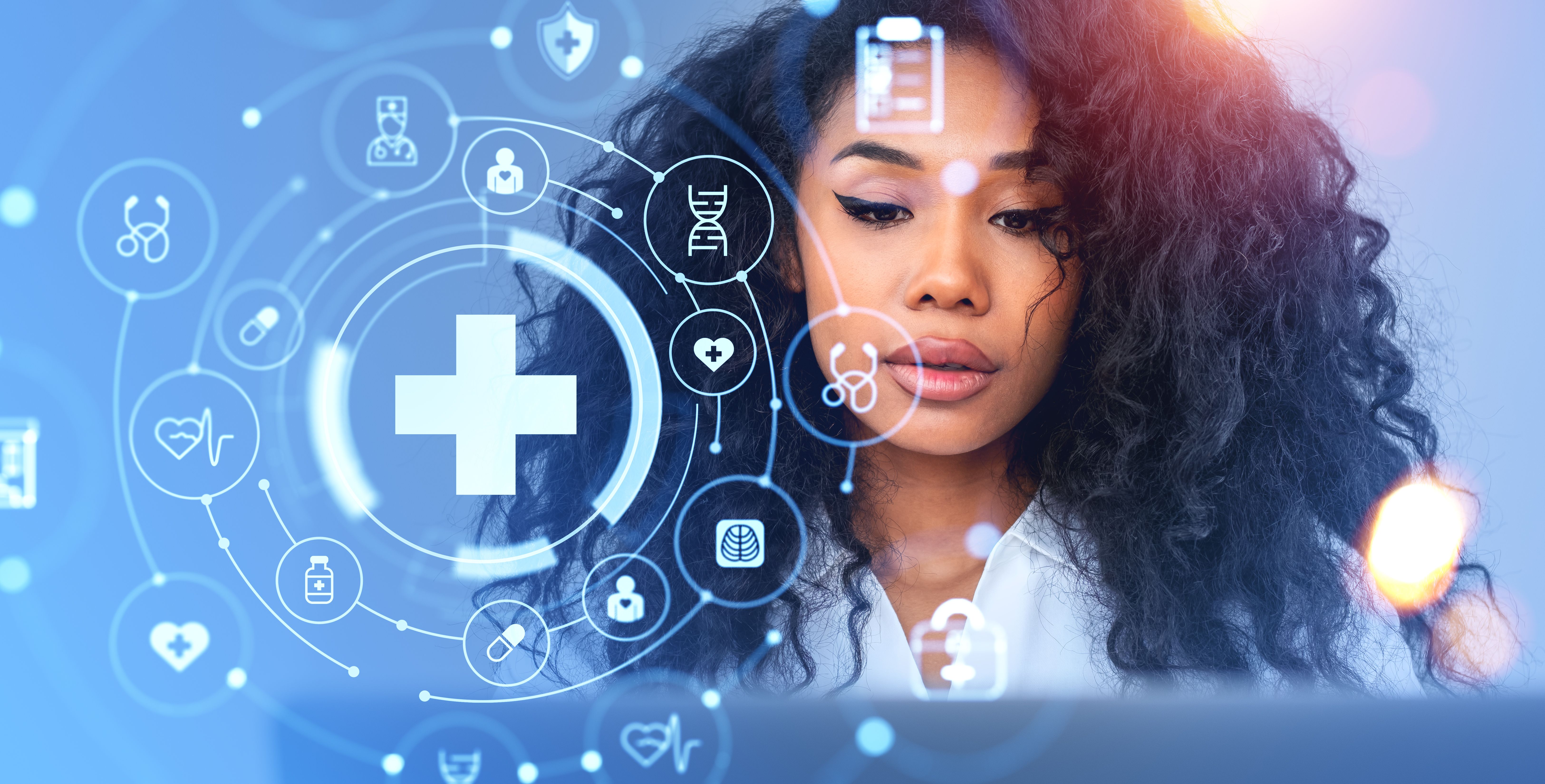 Black woman and glowing medical icons, health care or hospital treatment