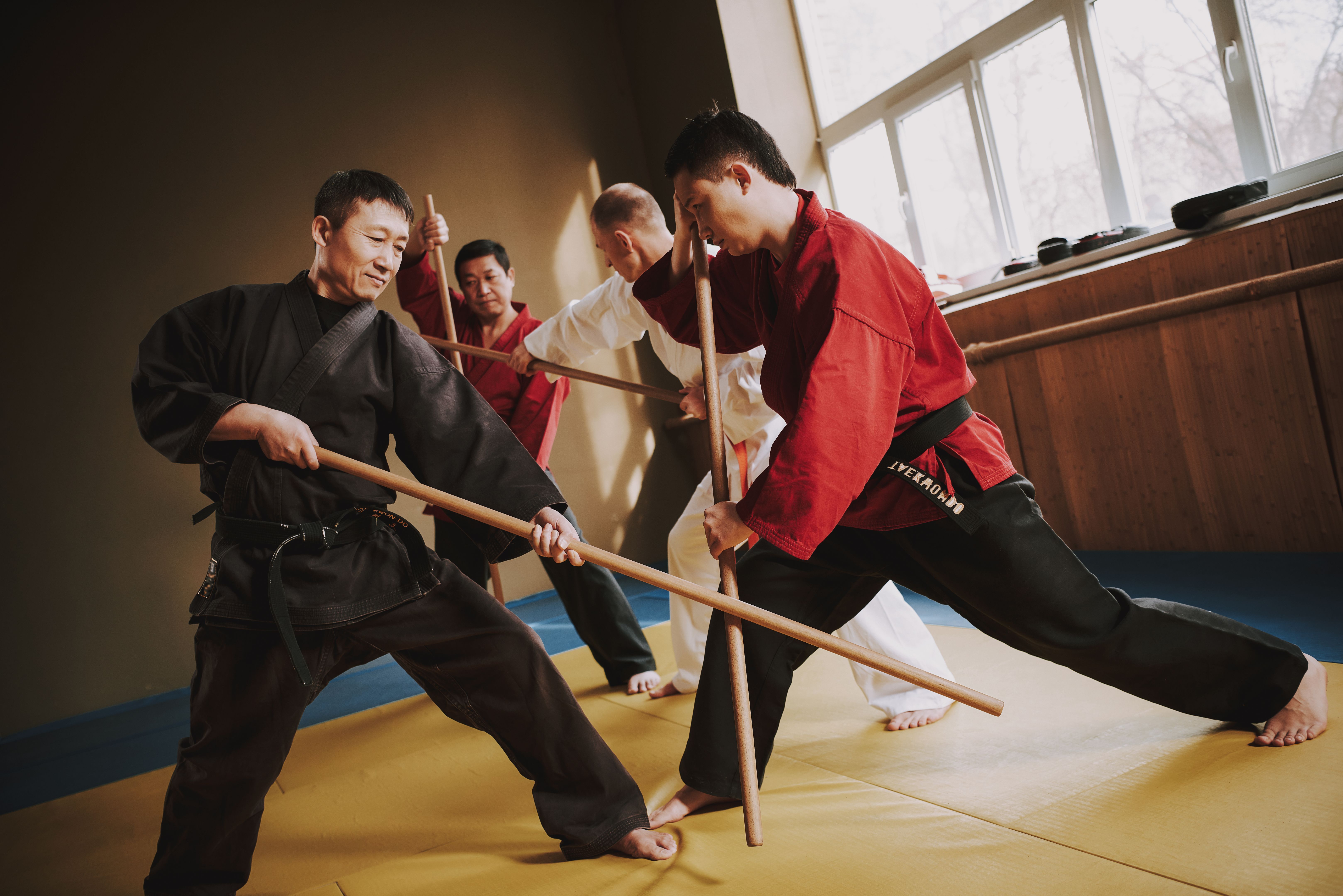 Martial arts fighters in different colors keikogi fighting with sticks.