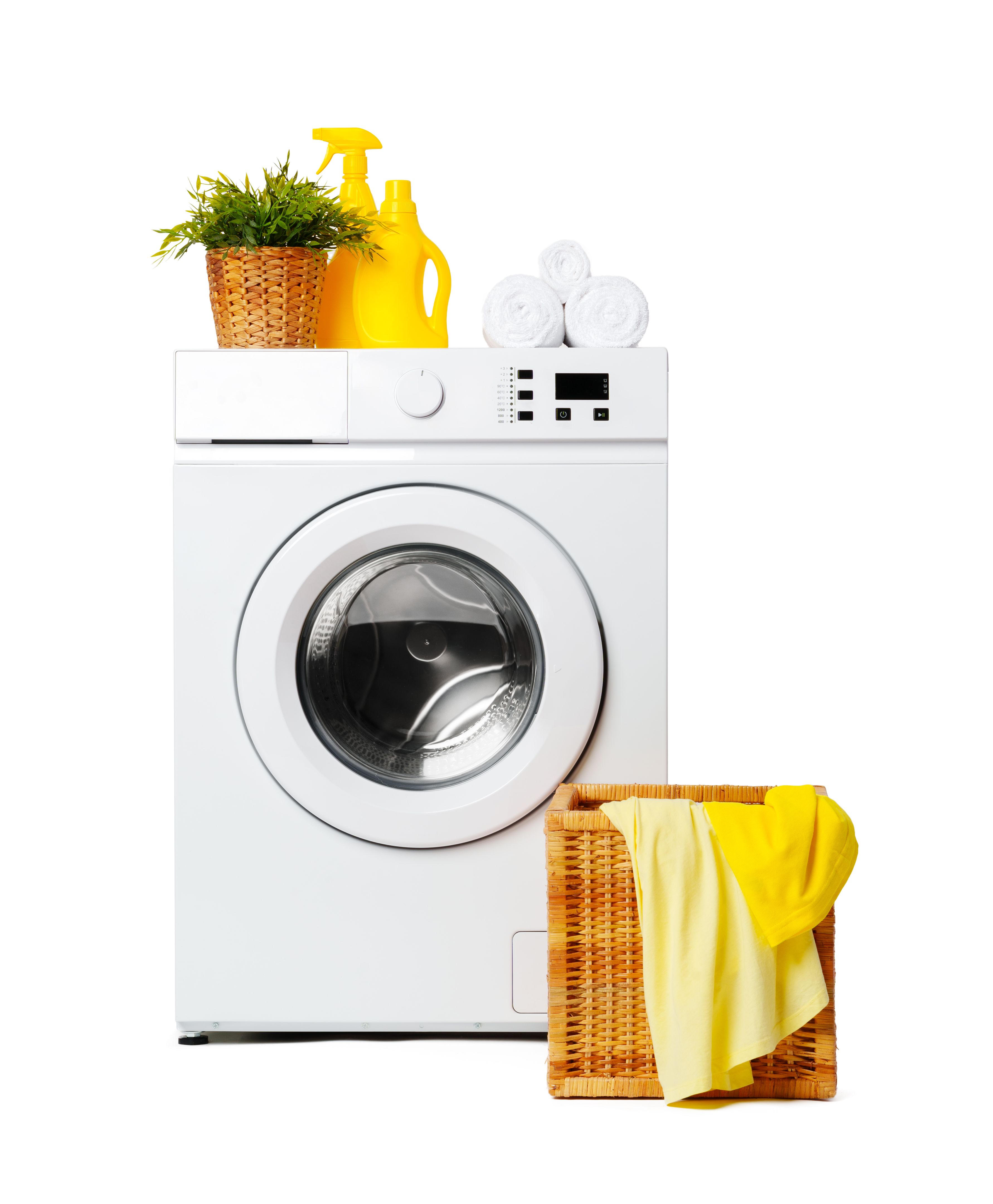 White Laundry Washing Machine With Basket and Detergent Bottles