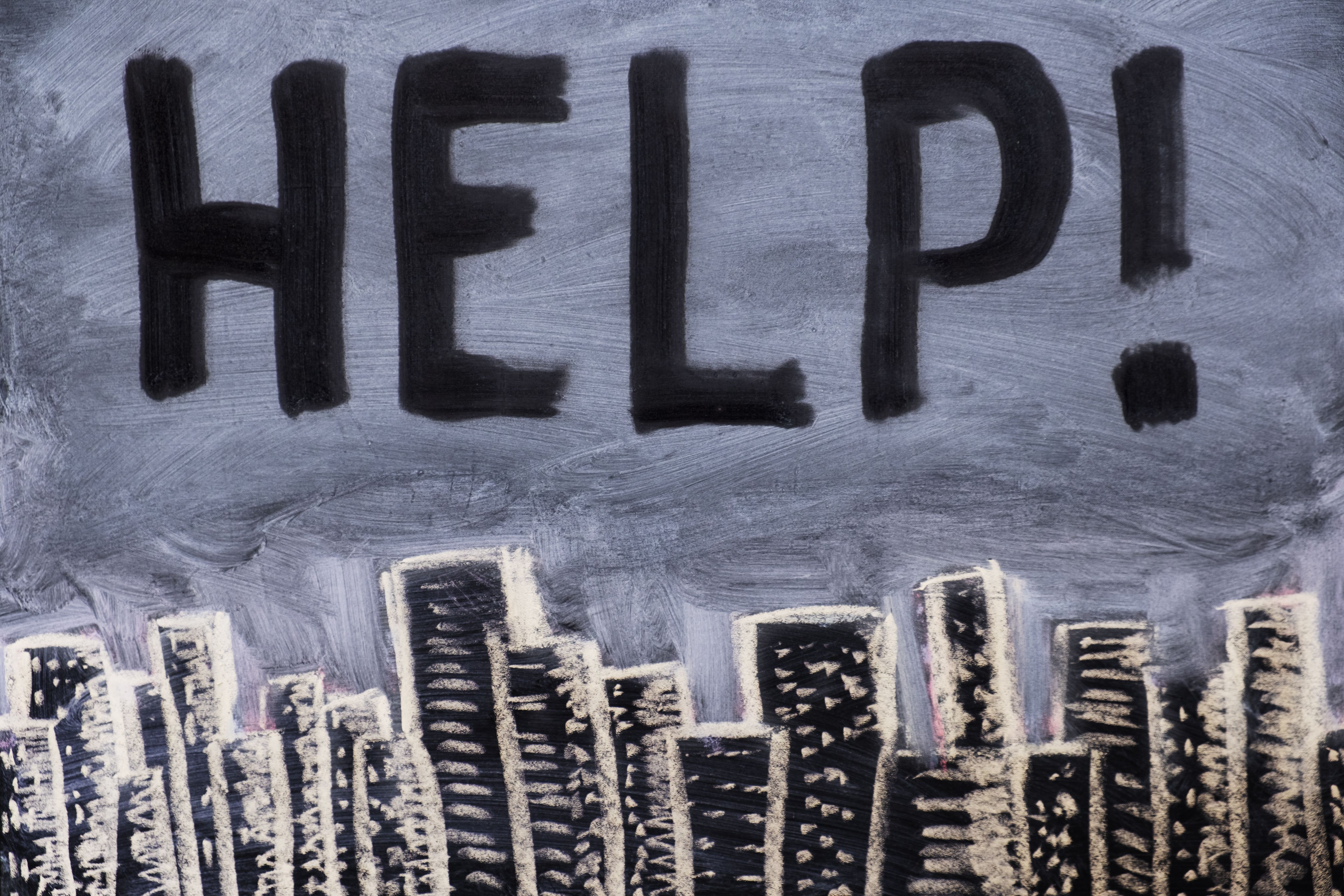 Smog over city on chalkboard, drawn on blackboard with text HELP. Pollution of the atmosphere and the environment.