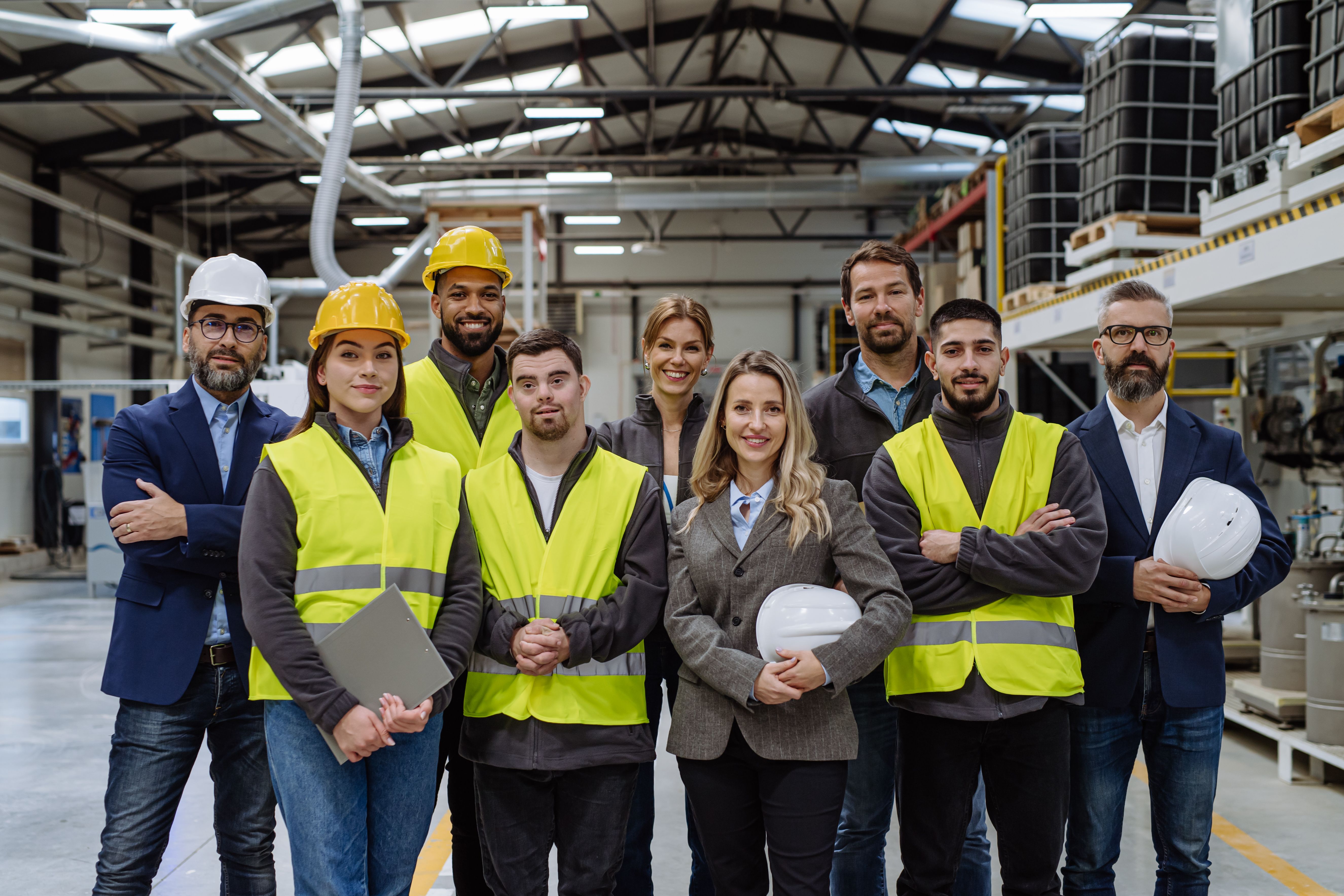 Full team of warehouse employees standing in warehouse. Team of workers, managers, female director and worker with down syndrome in modern industrial factory, heavy industry, manufactrury.