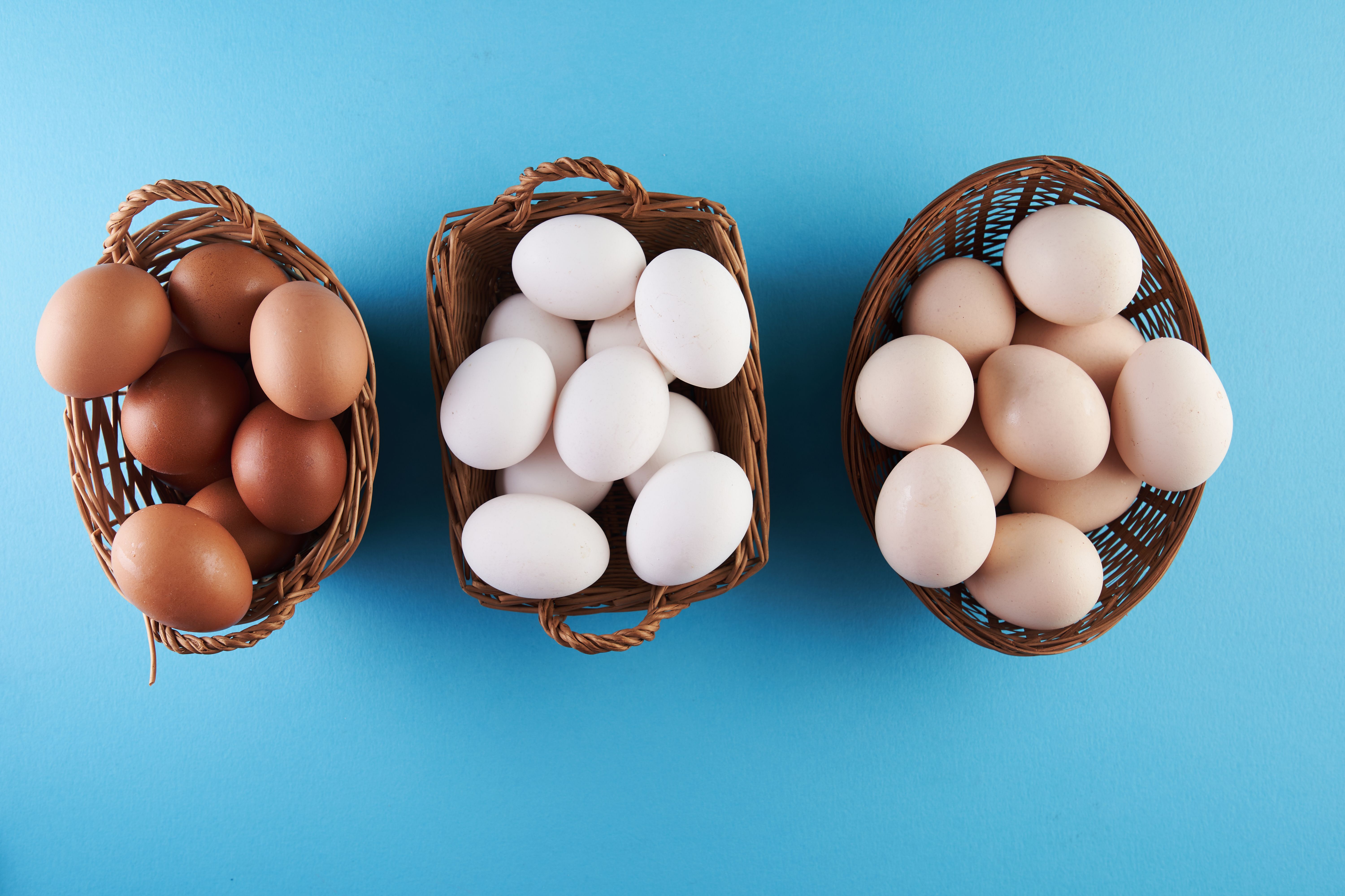 top view of three basket of egg on blue background, egg with different color shades