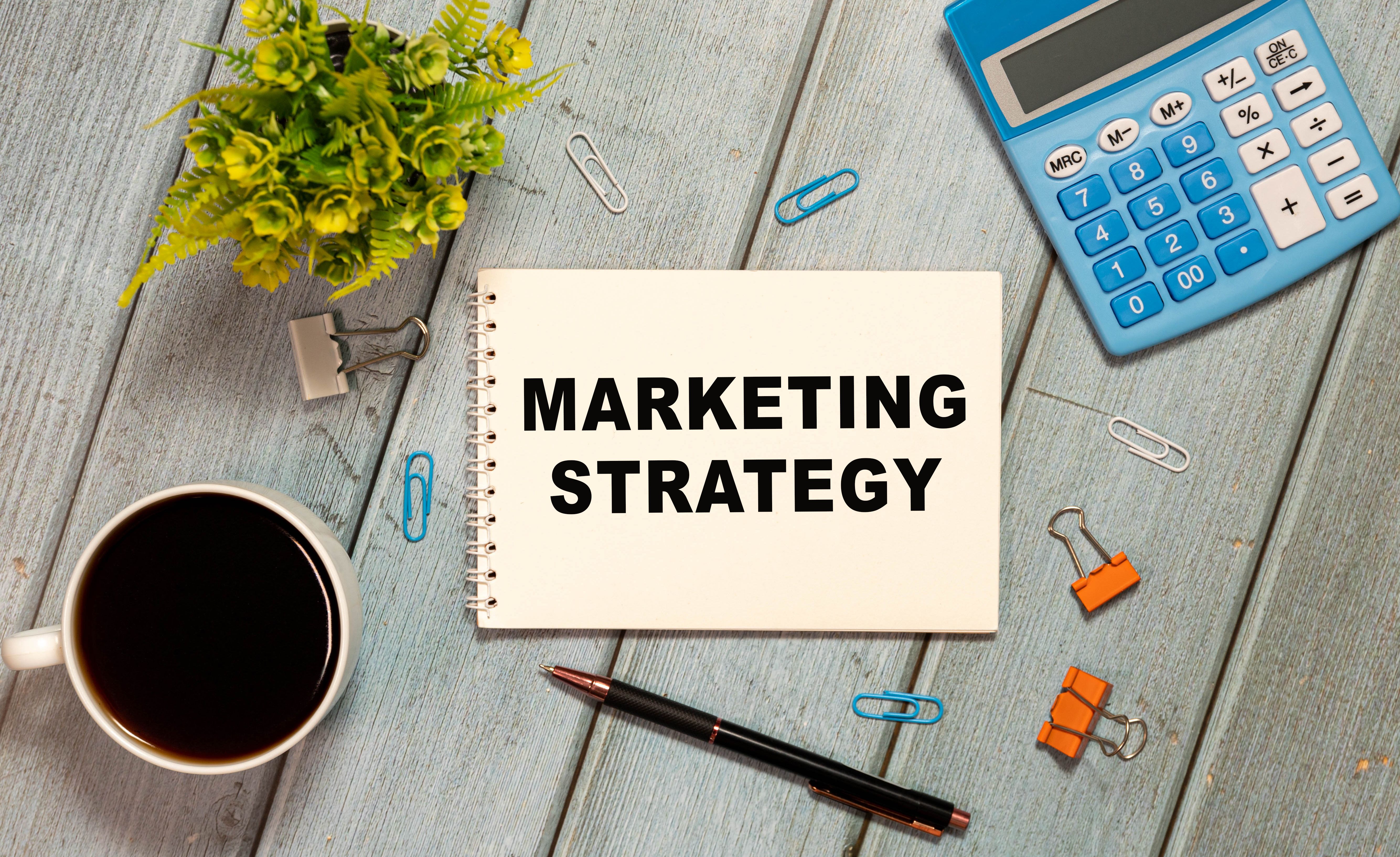 Planning marketing strategy. Top view close-up image of man holding hands on his notebook