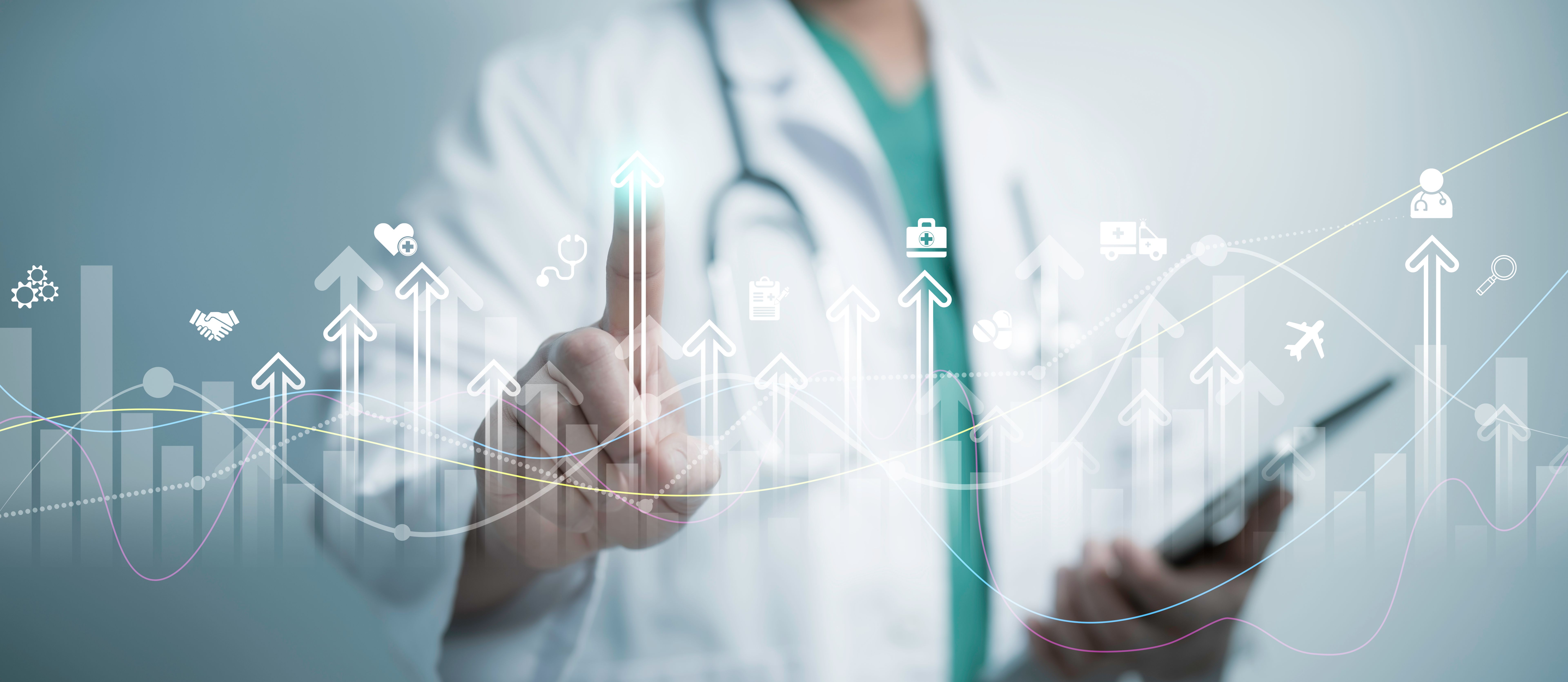 Doctor interacting with futuristic data visualization, symbolizing healthcare growth and medical industry advancement through digital innovation