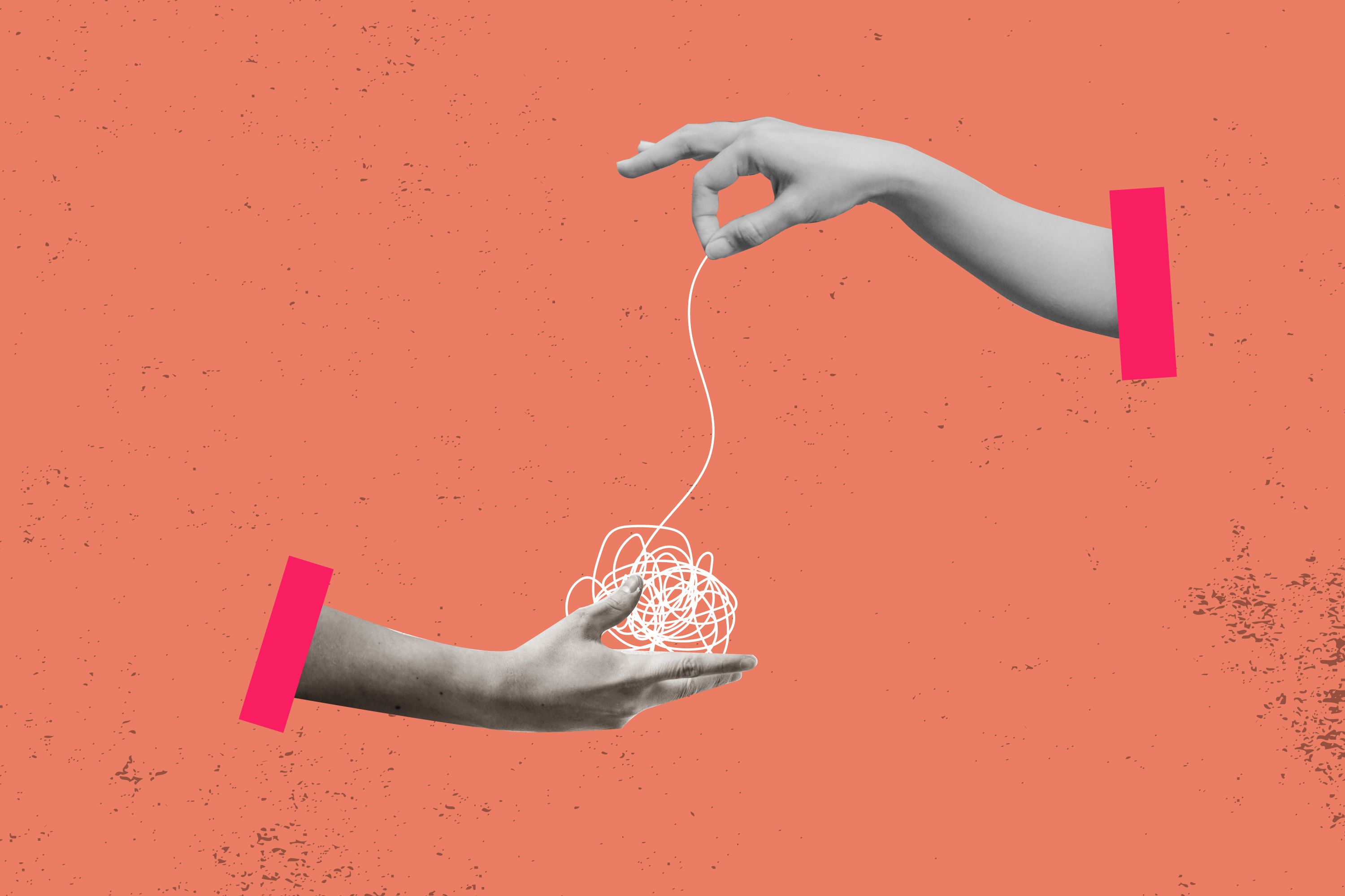 Hand untangle messy line or simplify problem. Simplify complex business idea Hand untangle messy line or simplify problem. Simplify complex business idea